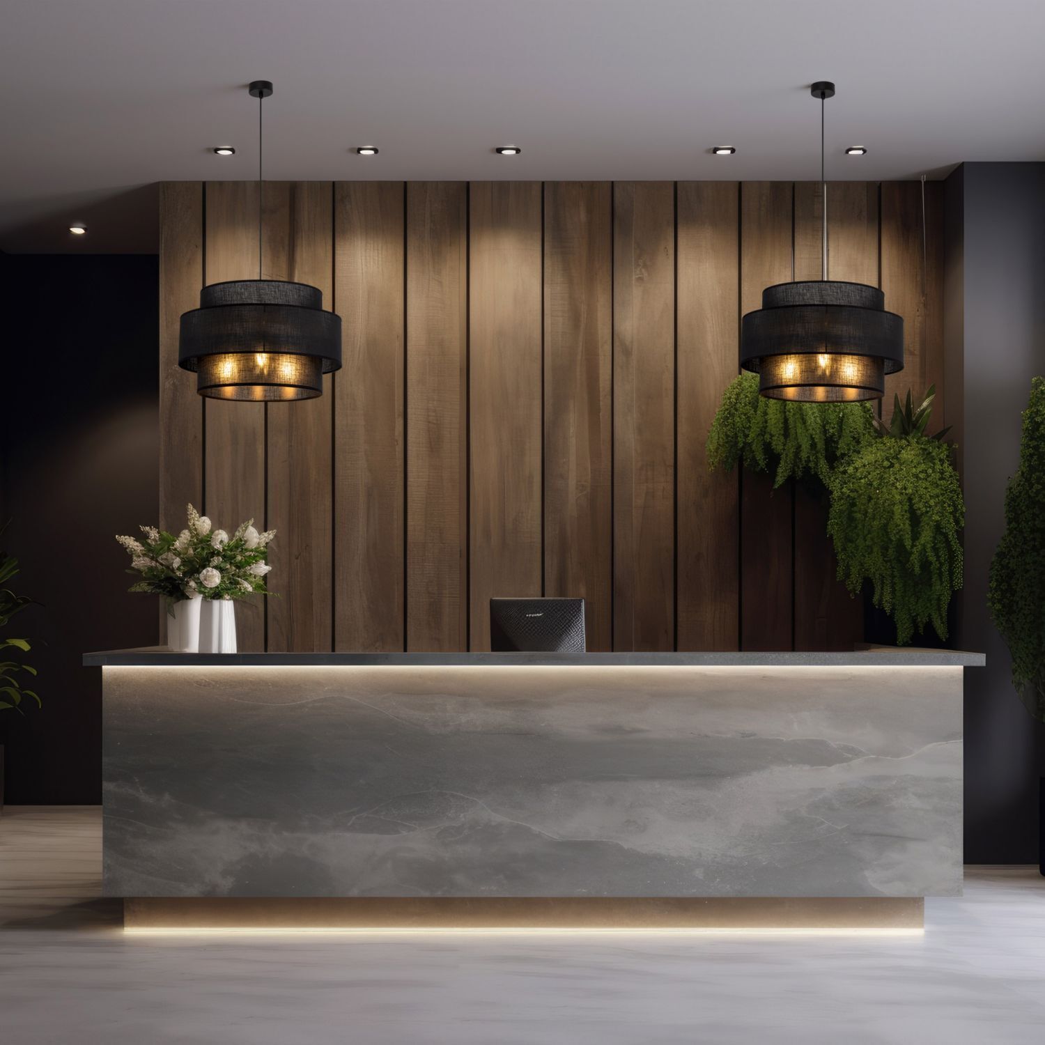 Suspension Noir Tissu Ø 50 cm H : max. 160 cm 3x E27 Drinnen, Innenarchitektur, Empfang, Tabelle, Holzpaneele