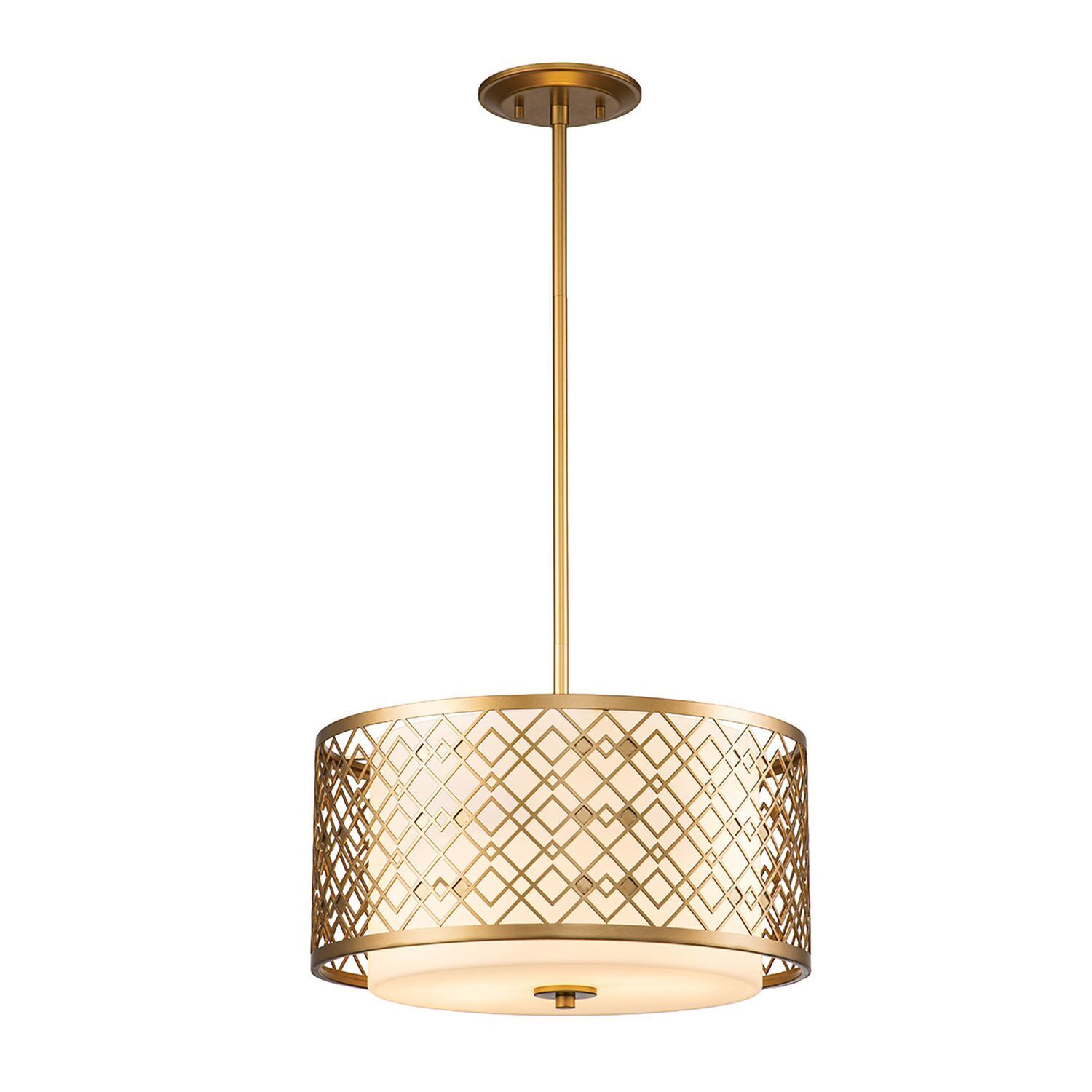 pendant light, gold finish, lattice shade, ceiling mount, drum shade