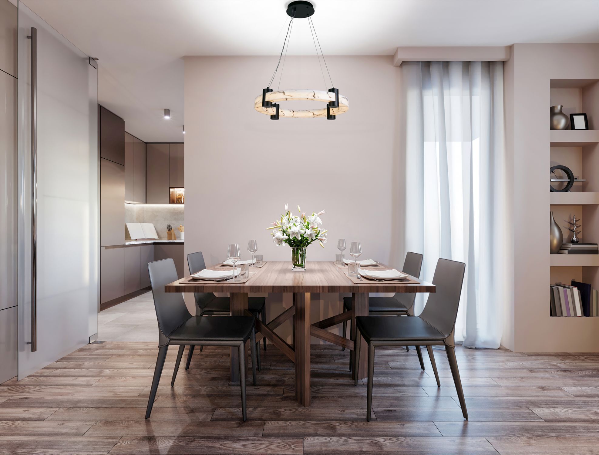 Runde LED Pendelleuchte Metall Harz Ring B:60,5 cm 29 W Speisesaal, Esstisch, Mobiliar, Tabelle, Innenarchitektur