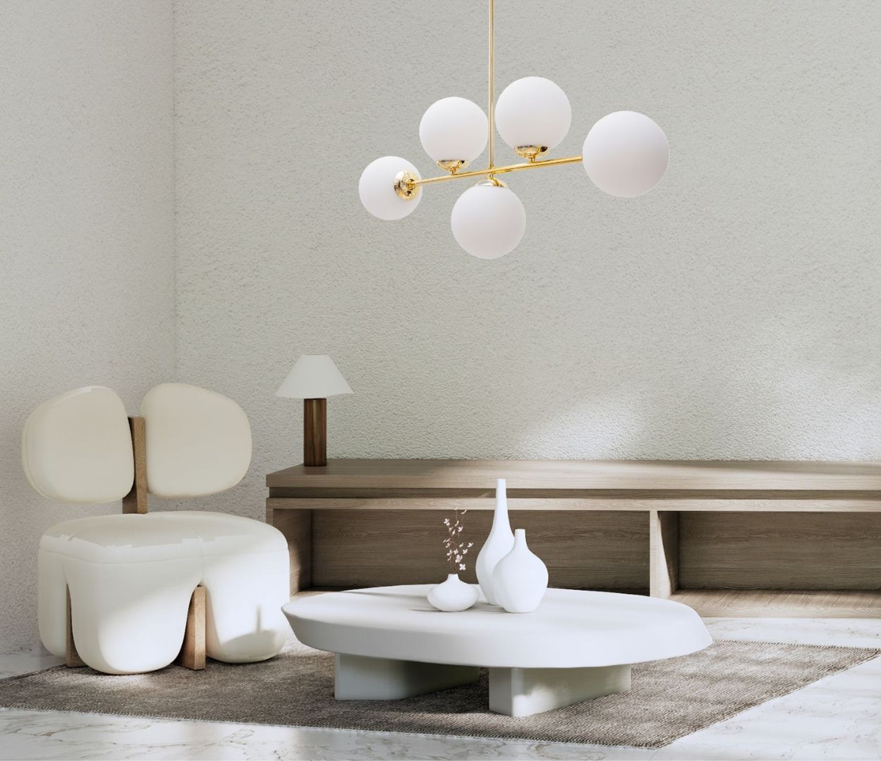 Goldene Deckenleuchte Glaskugeln blendarm 5-flmg Metall Hängelampe, Lounge-Stuhl, Couchtisch, Deckenleuchte, Dekoration