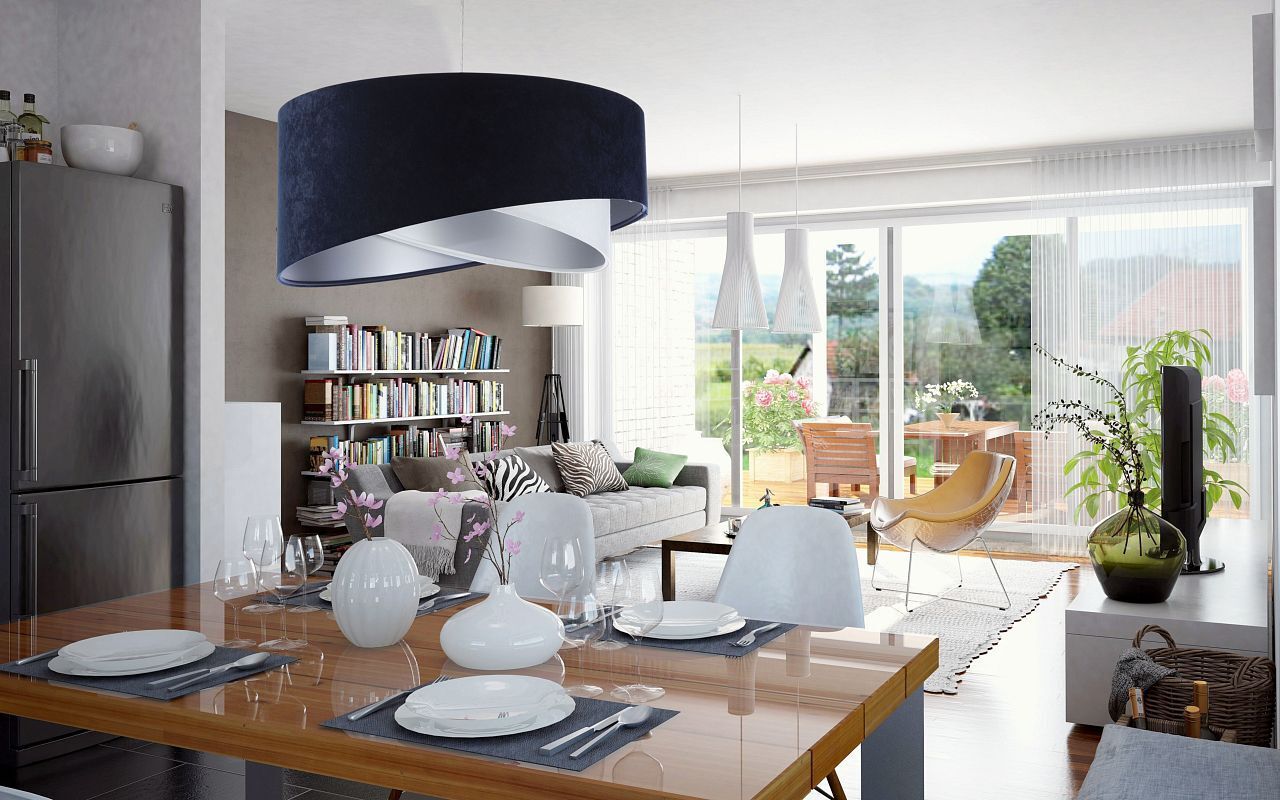 Lampe à suspendre tissu abat-jour Ø 50 cm E27 en bleu blanc argenté Tabelle, Esszimmer, Esstisch, Dekoration für Zuhause, Wohnzimmer