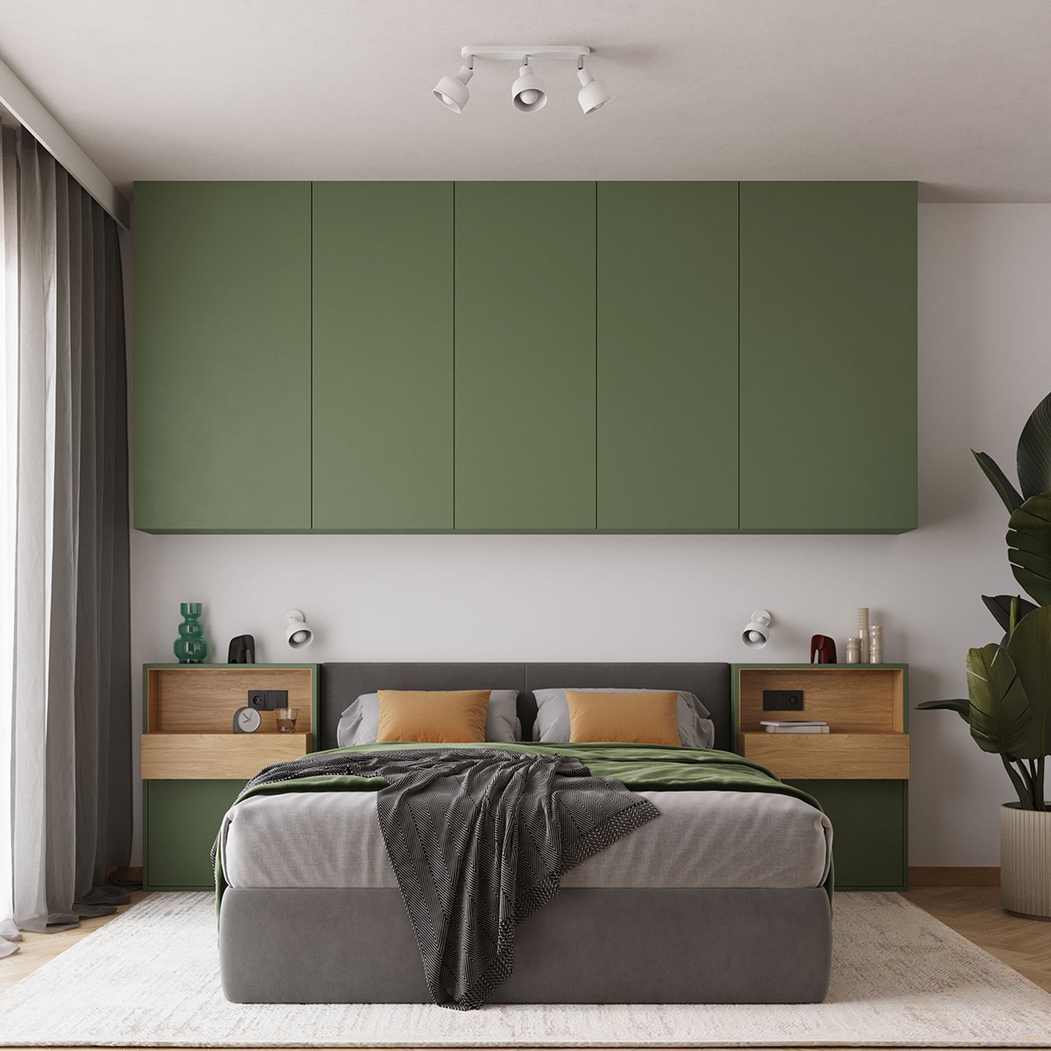 Wandregal, Bett, Nachttisch, Grüner Schrank, Wohnzimmerstil