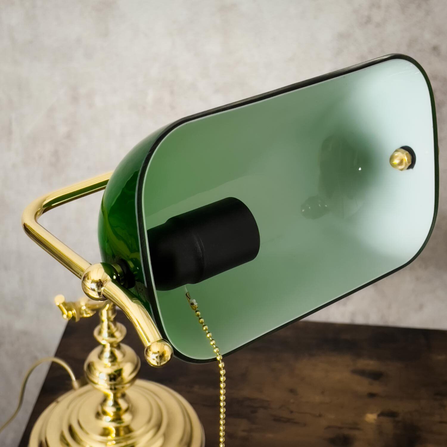 Lampe de banquier Interrupteur à tirette 38 cm E27 laiton verre vert