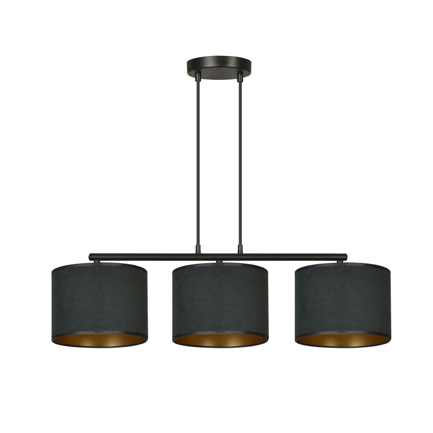 Suspension tissu métal L : 72cm noir or 3-flamme E27