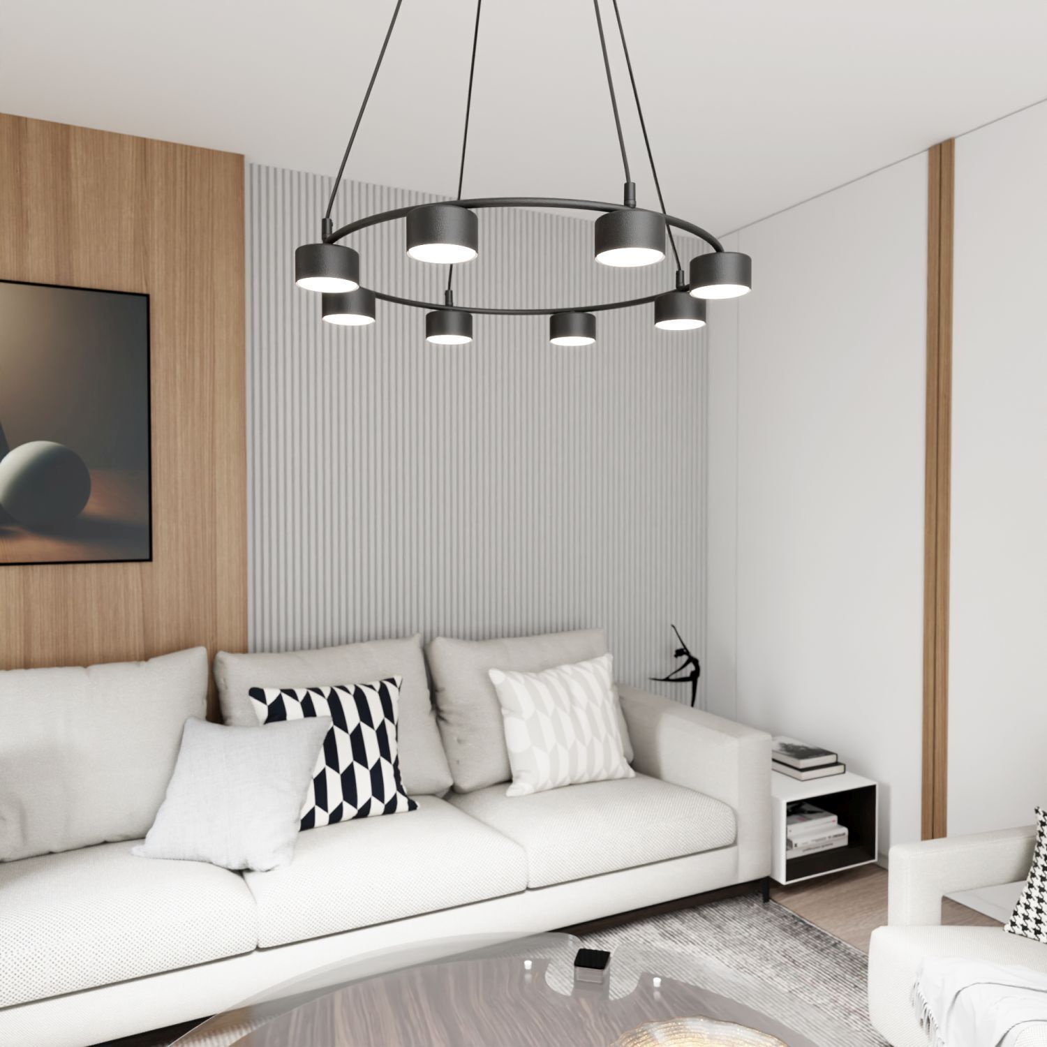 Lampe à suspendre noire à 8 flammes accentuées L:64 cm GX53