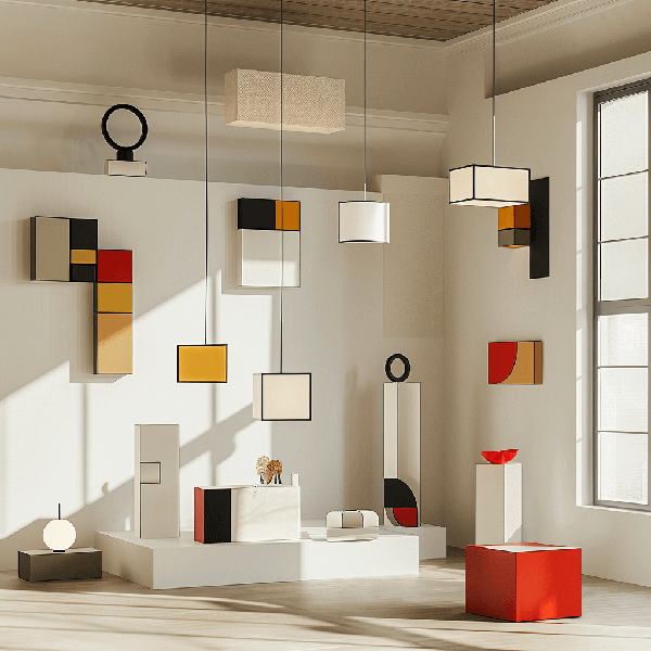 Bauhaus Lampen geometrische-dekoration, hängende-lampen, moderne-skulpturen, farbblöcke, raum-deko