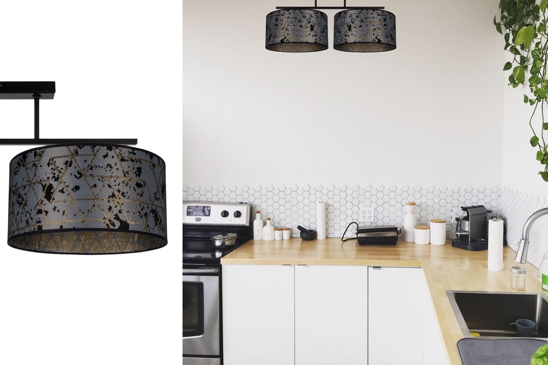 Deckenlampe Stoff blendarm Schwarz Grau Muster 70 cm Deckenleuchte, Küchenleuchte, Schwarz-Gold, Geometrisches Muster, Raffiniertes Licht