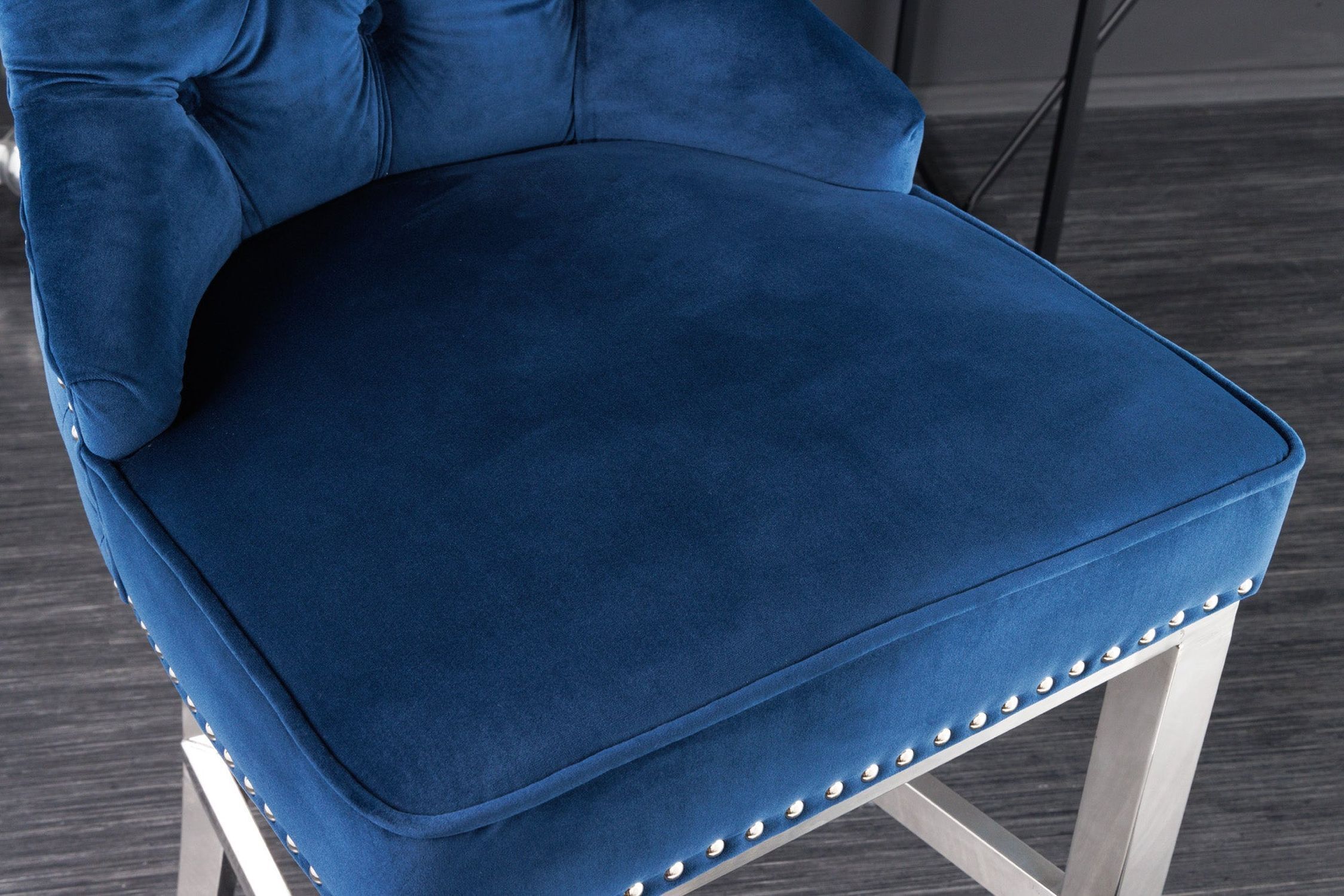 Tabouret de bar velours acier inoxydable bleu argent Chesterfield Moebel, Stuhl