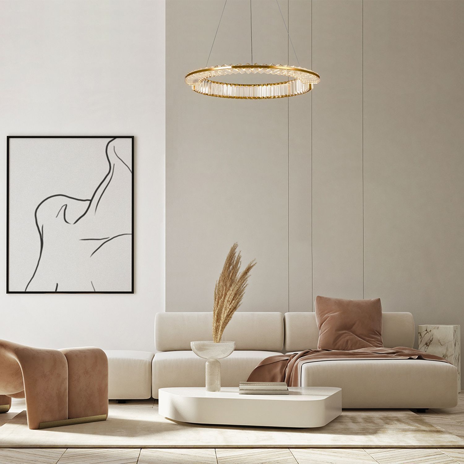 Lustre LED cristal métal rond D : 62 cm en or Wohnzimmer, Lampe, Dekoration für Zuhause, Innenarchitektur, Couch