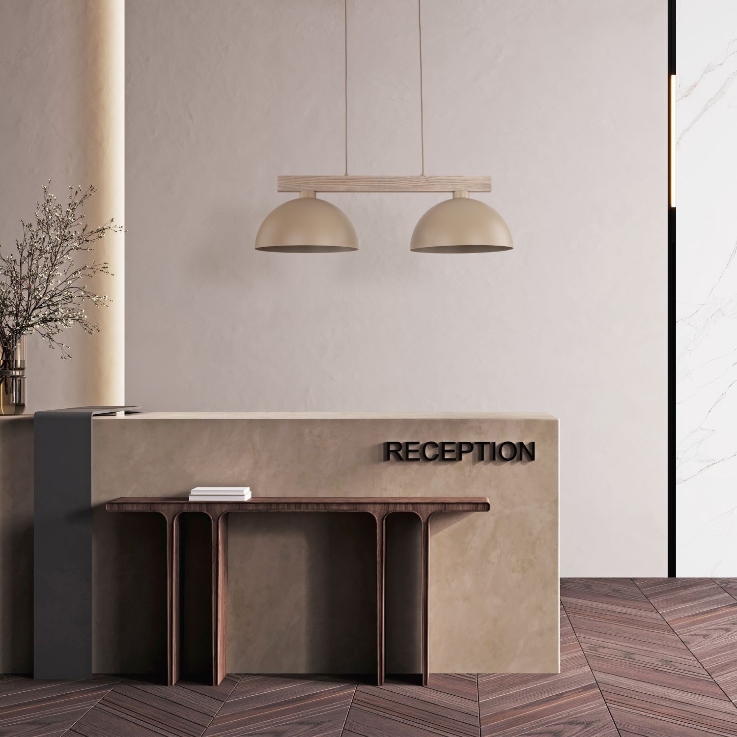 Empfangstresen, Beton-Theke, Holztisch, Pendelleuchten, Minimalistische Innenausstattung