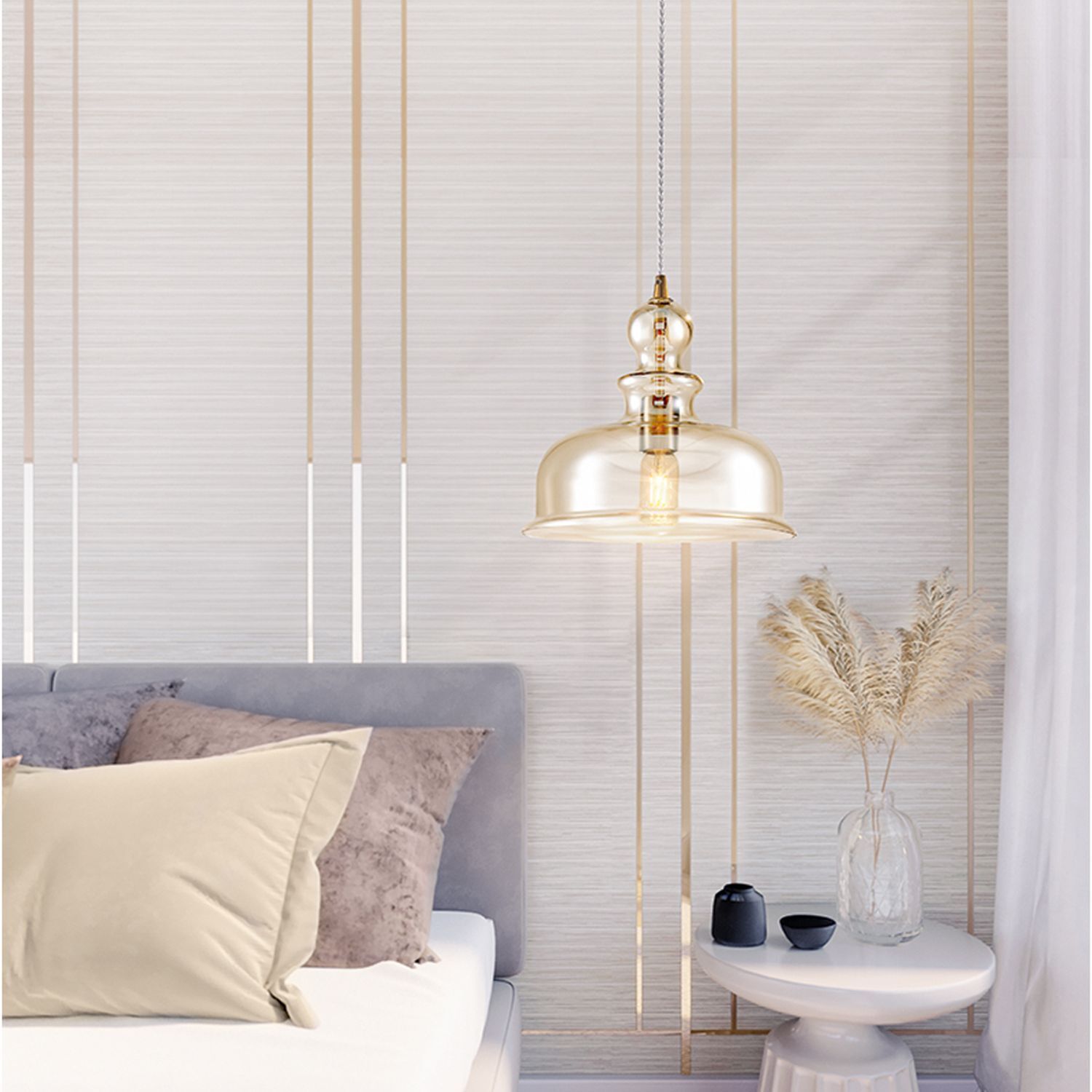 -pendant light, gold lamp, bedroom decor, glass lampshade, side table decor