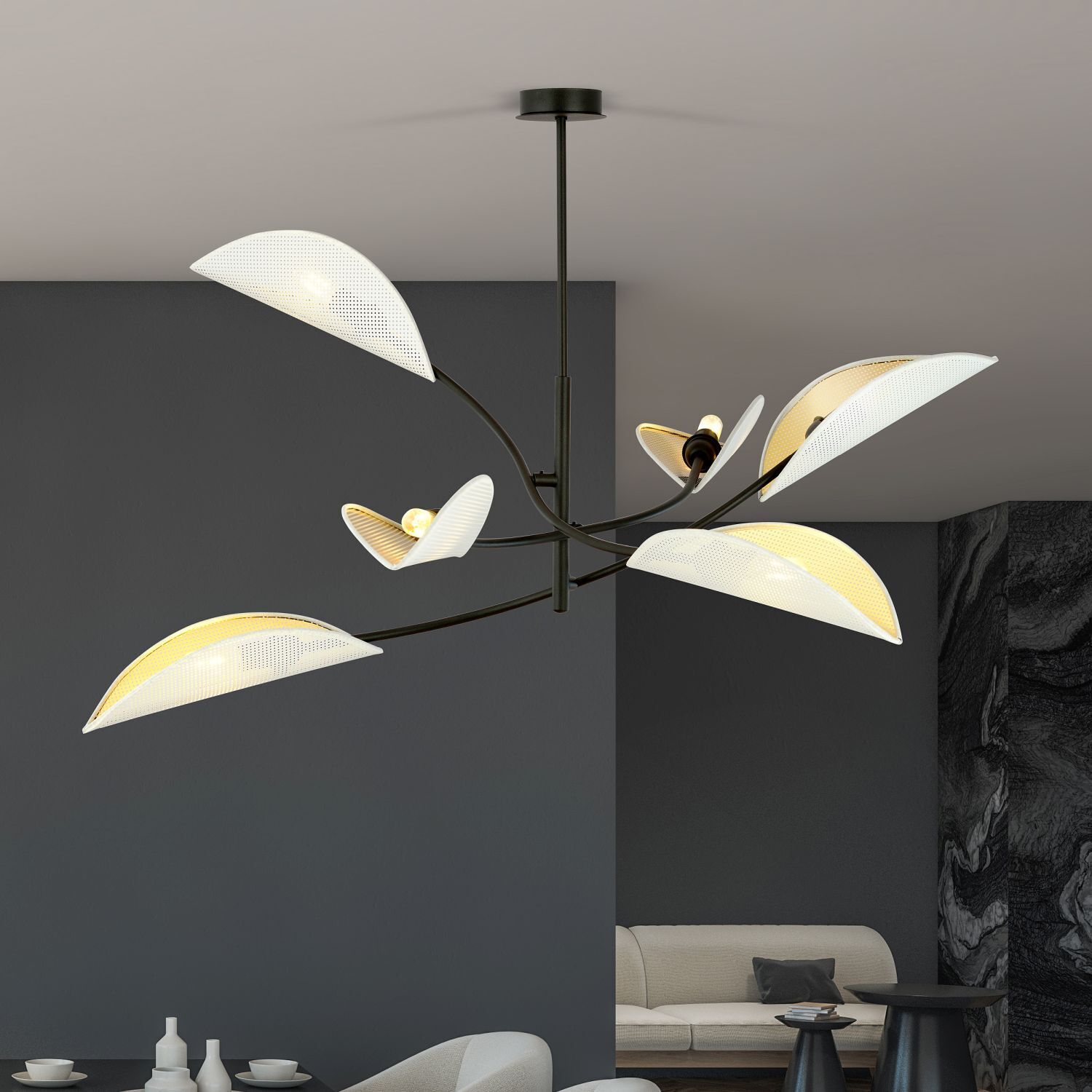 Deckenleuchte Stoff Metall L: 102cm drehbar Schwarz Weiß Gold Leuchter, Lampe, Tasse, Teller, Deckenventilator