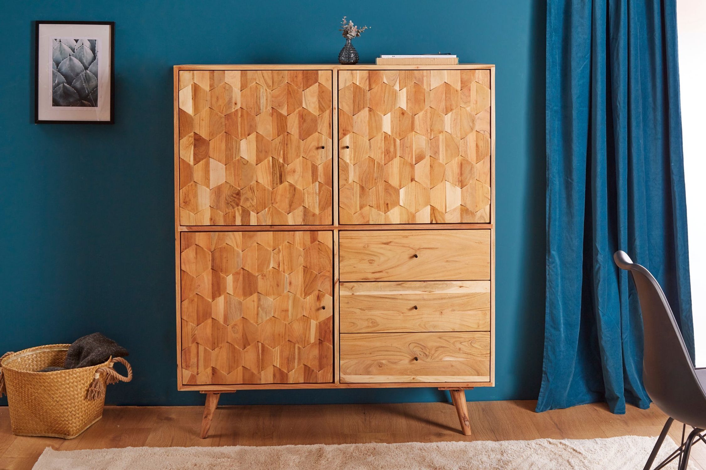 Highboard bois acacia 118 x 140 cm façade 3D tiroirs portes Innenarchitektur, Mobiliar, Holz, Hartholz, Kommode