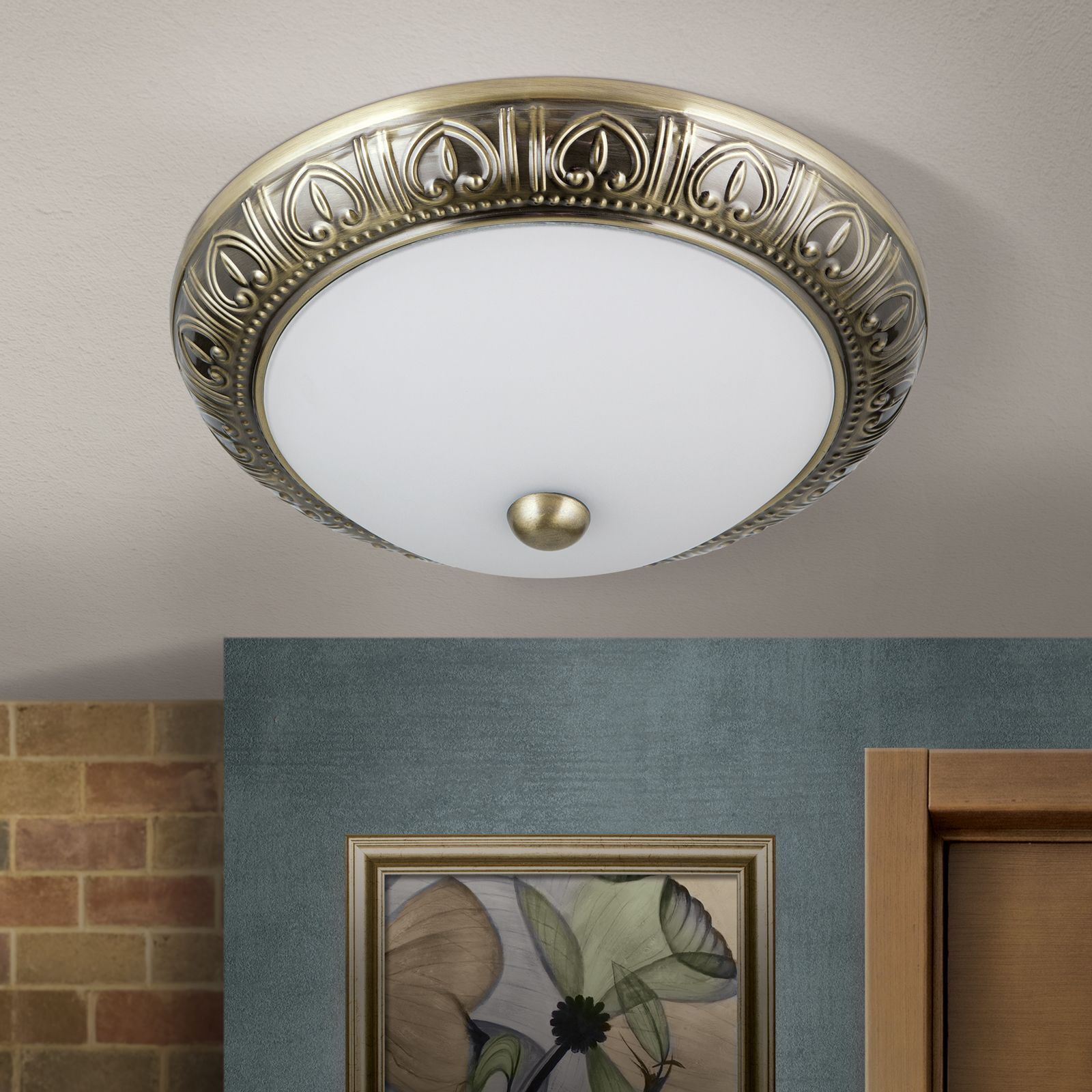 Deckenleuchte Glas Metall G9 rund D: 28 cm 2-flammig Deckenleuchte, Innenleuchte, Messingfinish, Runder Leuchtenkopf, Glasabdeckung