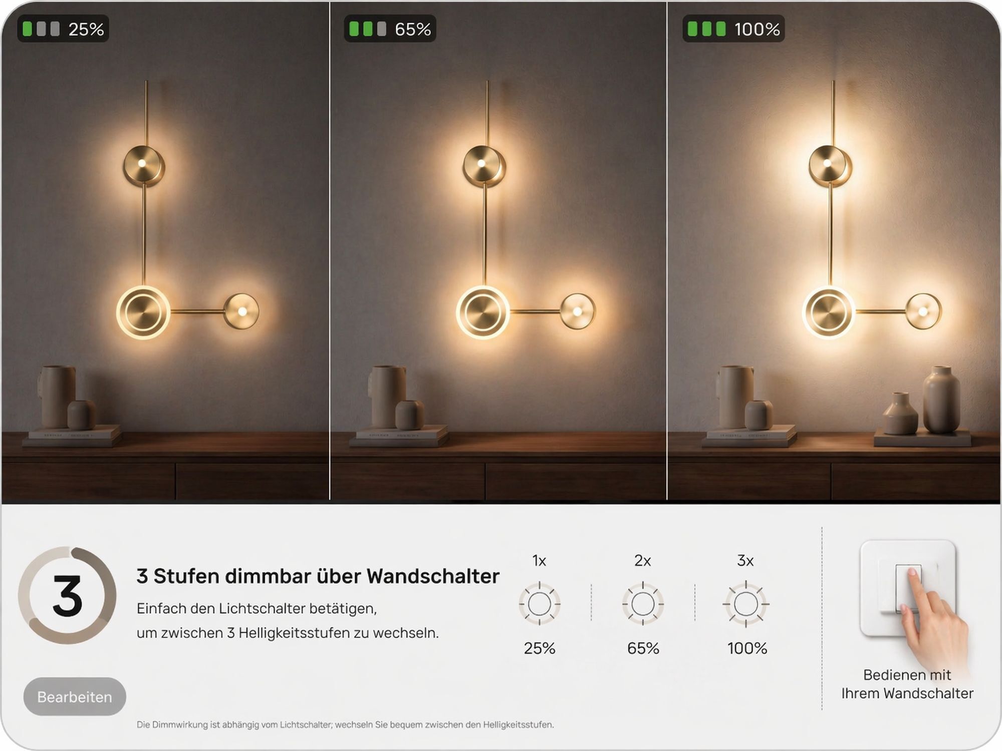 Wandleuchte, Wandlampe, LED-Lampe, rundes Leuchtelement, dimmerbar