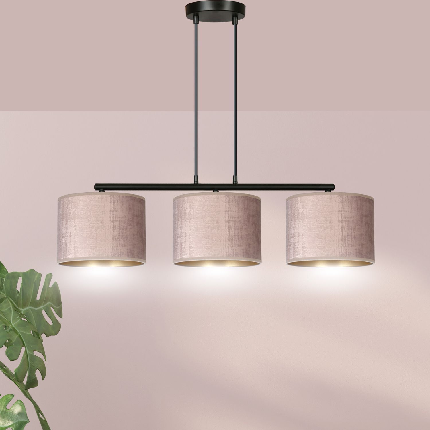 Lampe à suspendre métal tissu L : 72 cm noir rose or 3 flammes