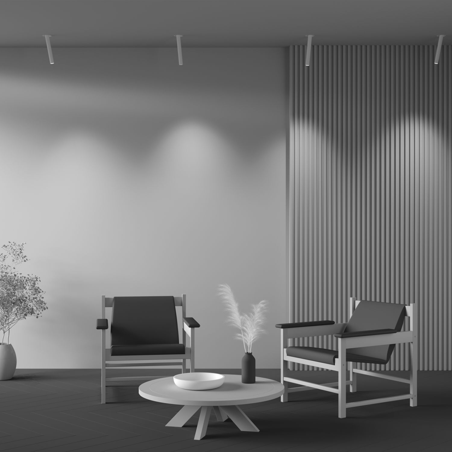 Wohnzimmermöbel, Sessel, Kaffeetisch, Pilzdeko, Vase