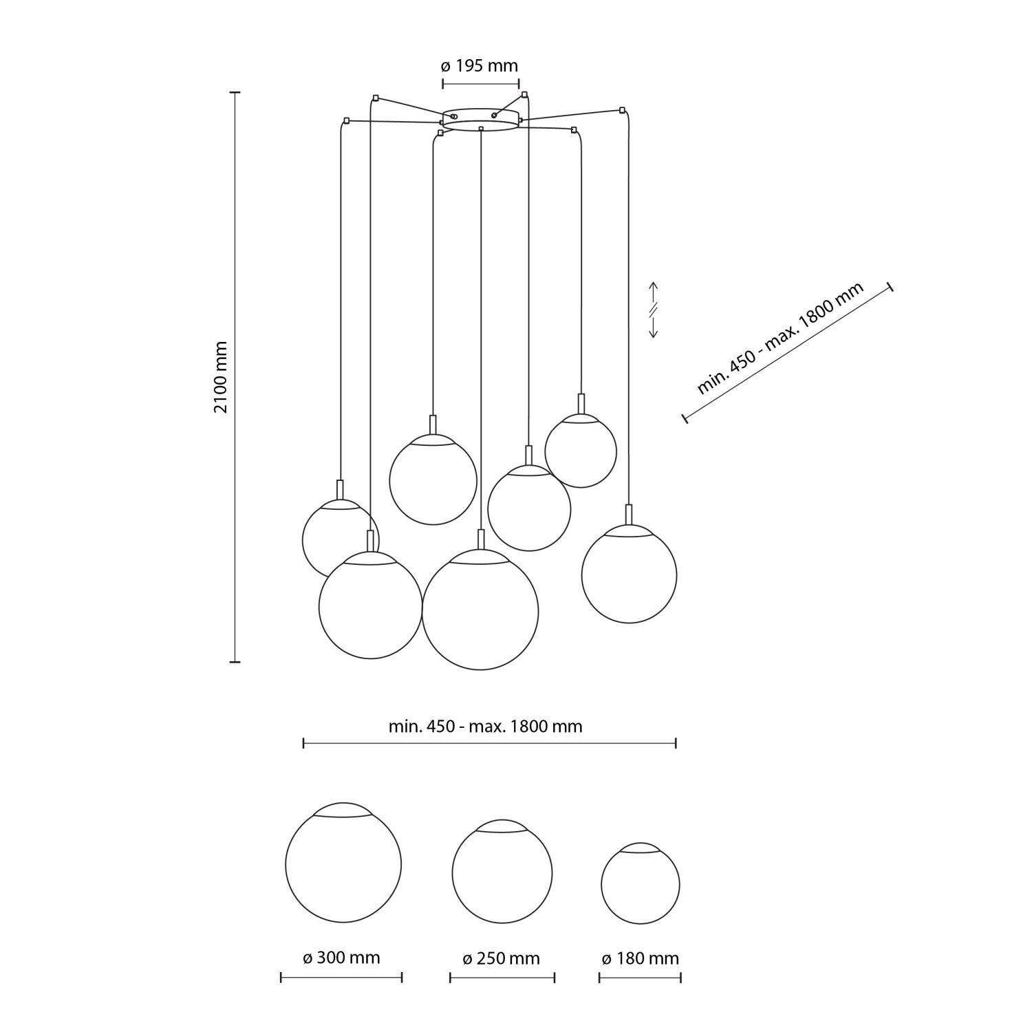 Suspension verre métal L : 400 cm réglable 7x E27 XXL