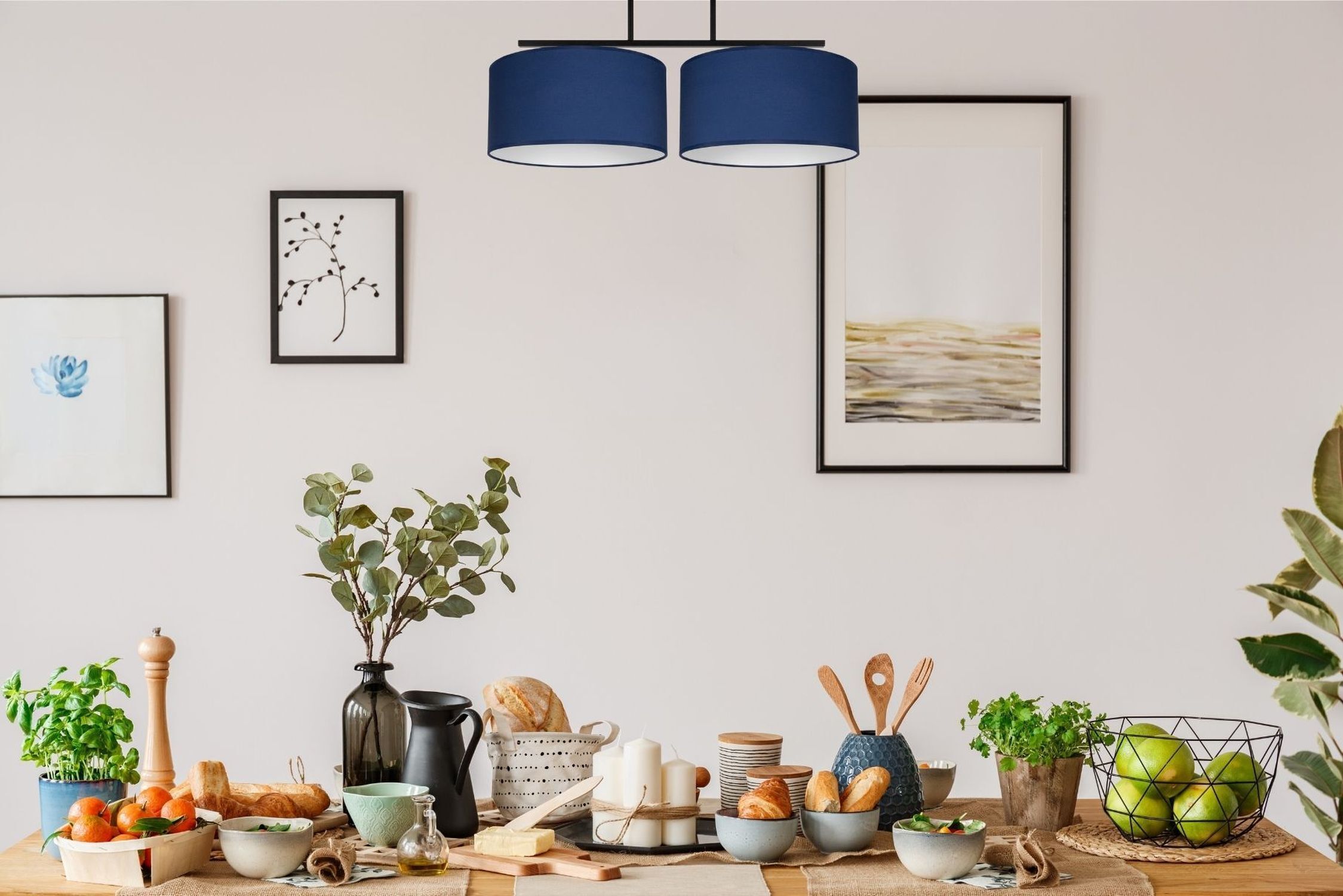 Blendarme Deckenlampe Stoff Schwarz Blau Weiß E27 70 cm esstisch, küchenzubehör, blumen/blatt, grünpflanzen, obstkorb