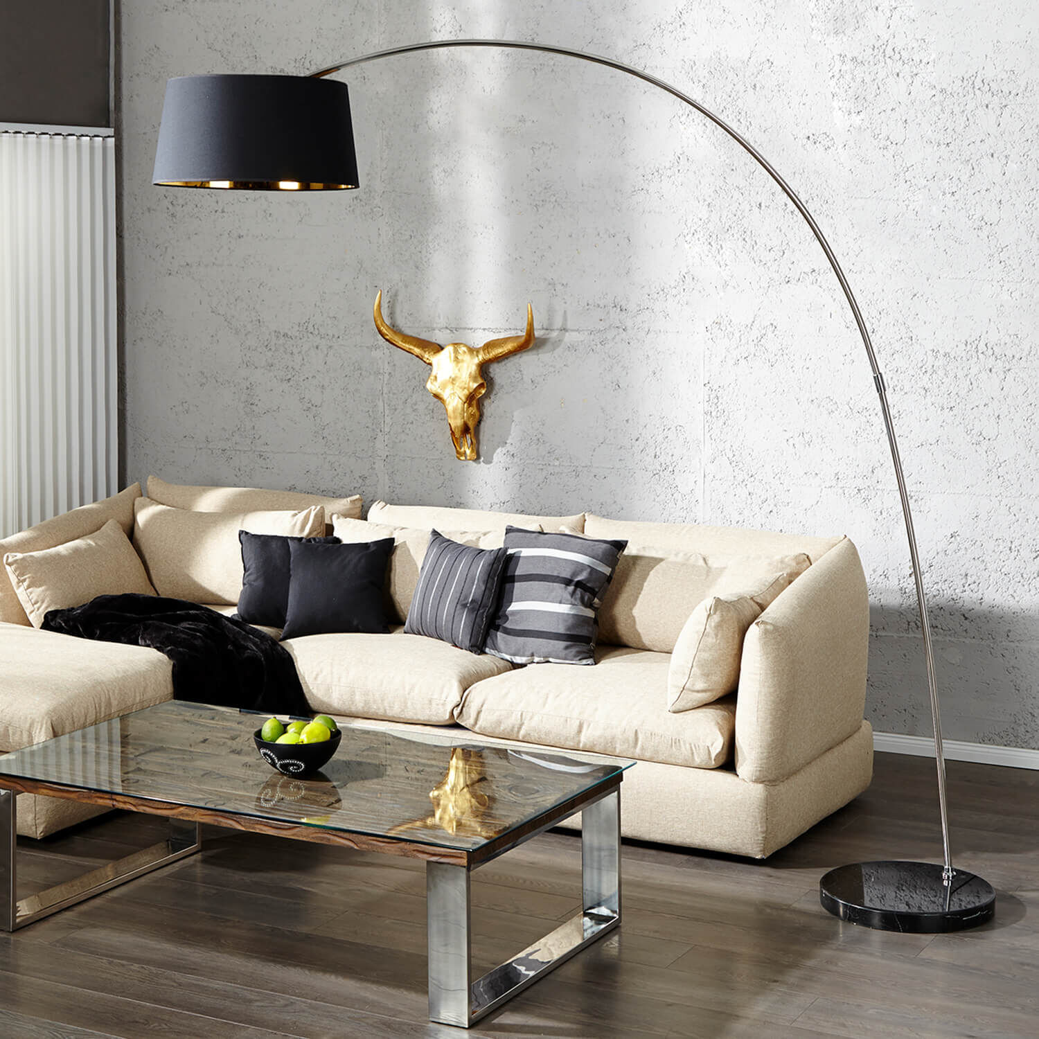 Design Bogenlampe BANGO 195 cm Schwarz Wohnzimmer Lampe, Stehlampe, Couch, Mobiliar