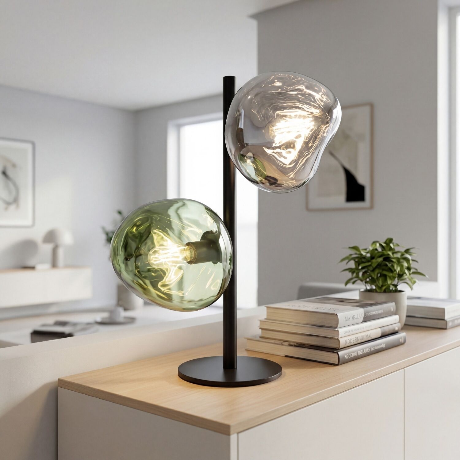 Stehlampe, Tischlampe, Glasschirm, Metallstativ, Wohnzimmerleuchte