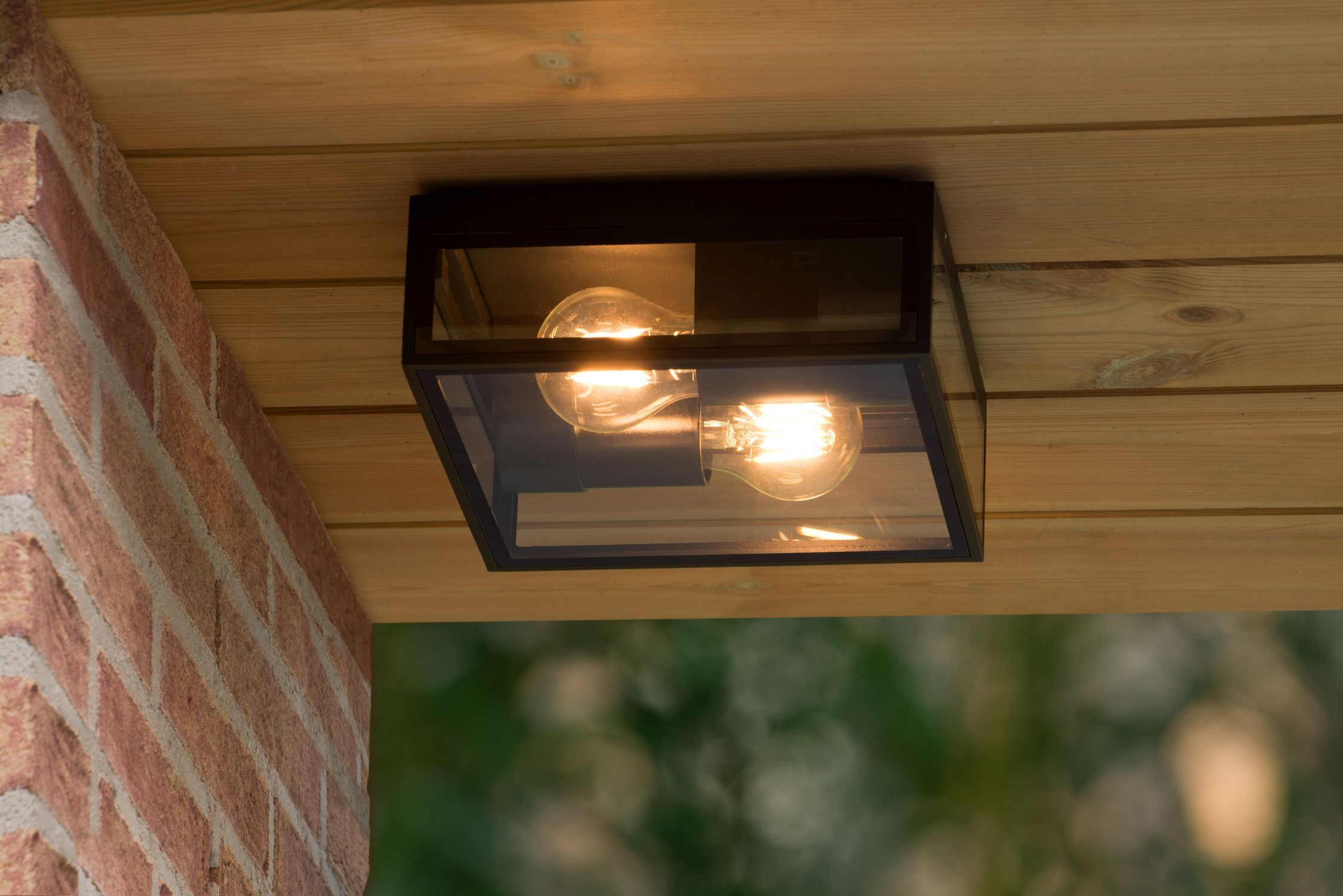 Deckenlampe Außen Metall Schwarz IP65 B:22 cm edel Wandleuchte, Außenleuchte, Glühbirne, Stahlrahmen, Holzverkleidung