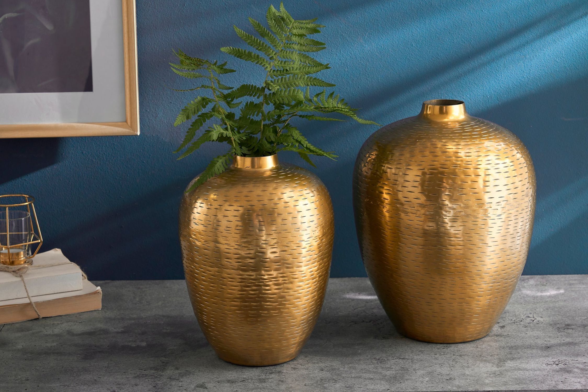 Deko Vase 2er Set Handarbeit Hammerschlag Unikat in Gold Krug, Töpferei, Pflanze