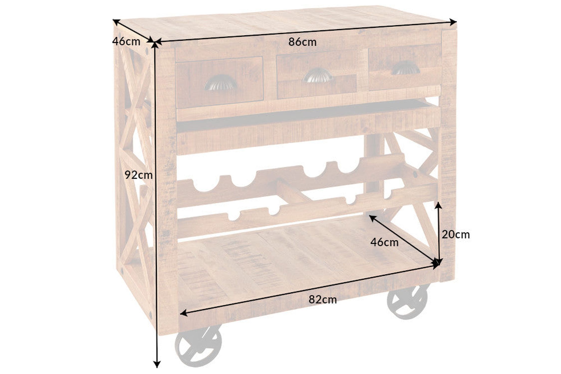 Armoire-bar à roulettes en manguier massif L : 86 cm Industrial