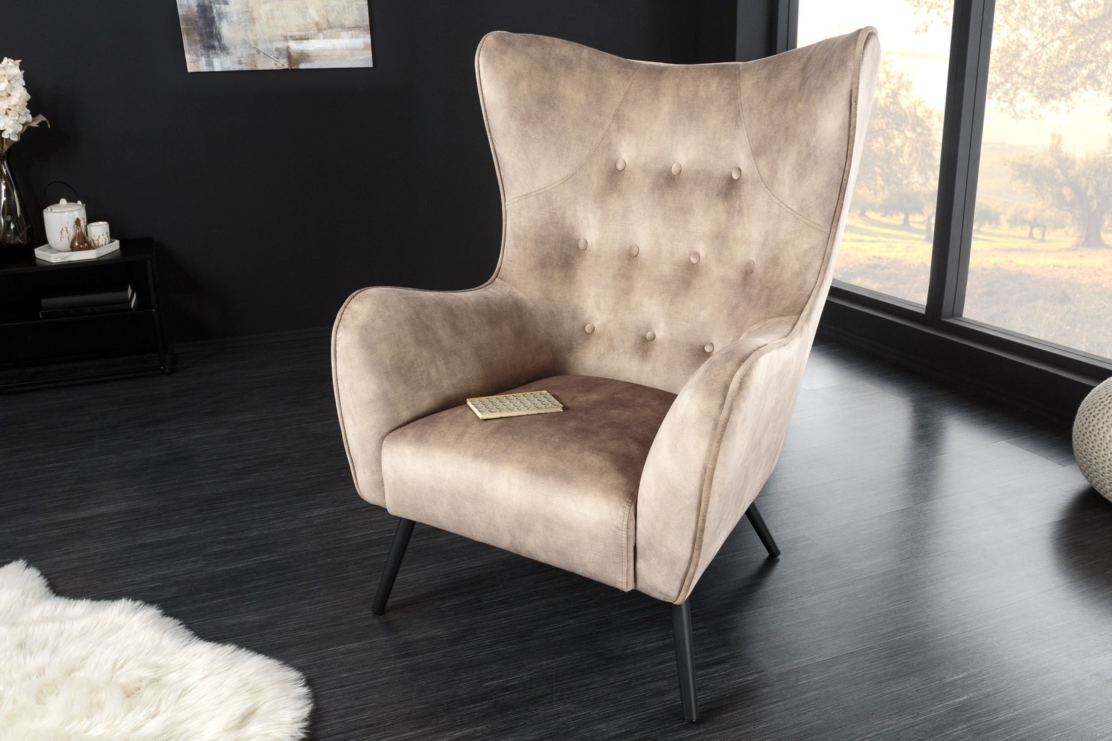Ohrensessel Samt Beige Creme mit Armlehne Chesterfield Moebel, Stuhl, Sessel, Tasse