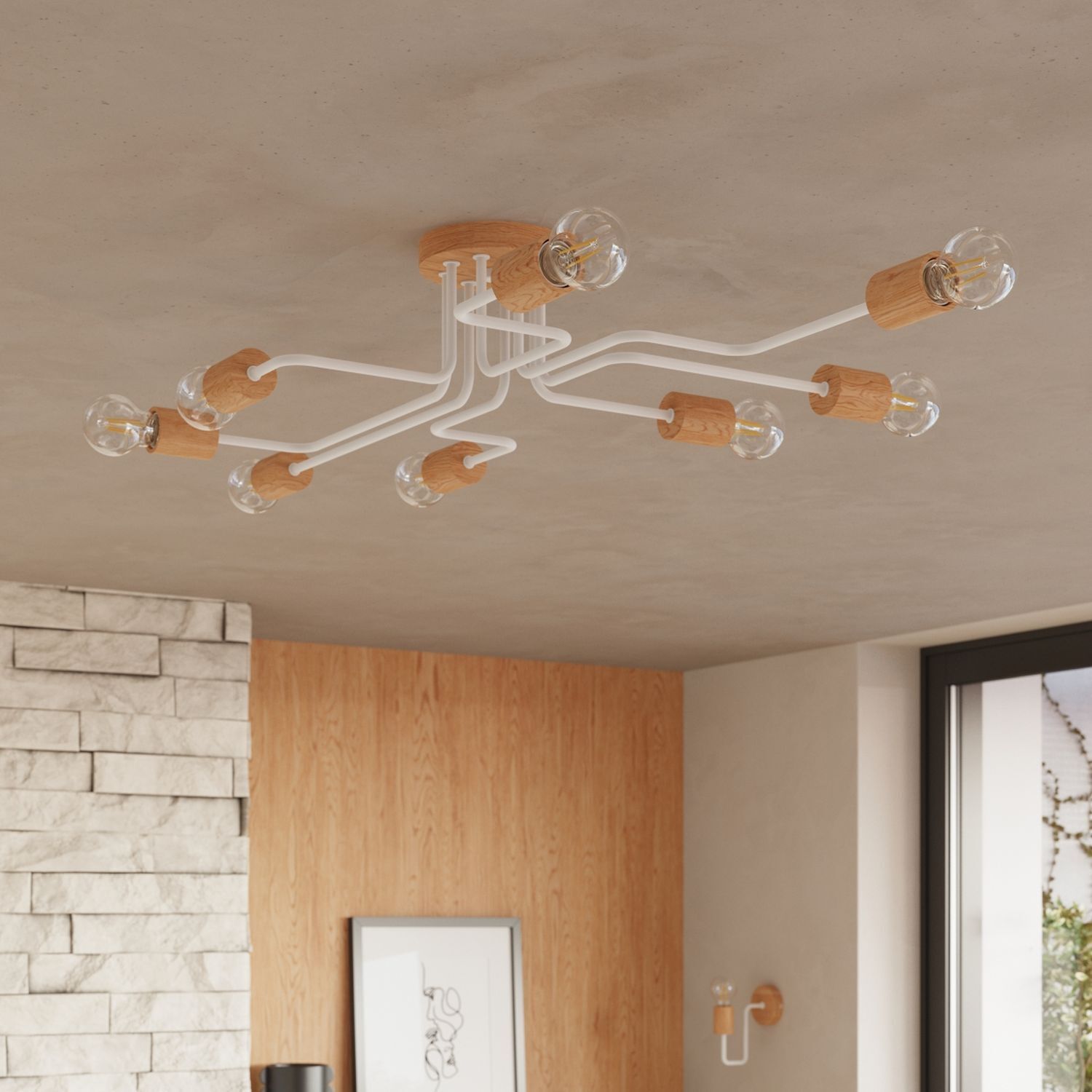 deckenleuchte, holzakzent, weiße lampe, eilaktig, moderne lampe