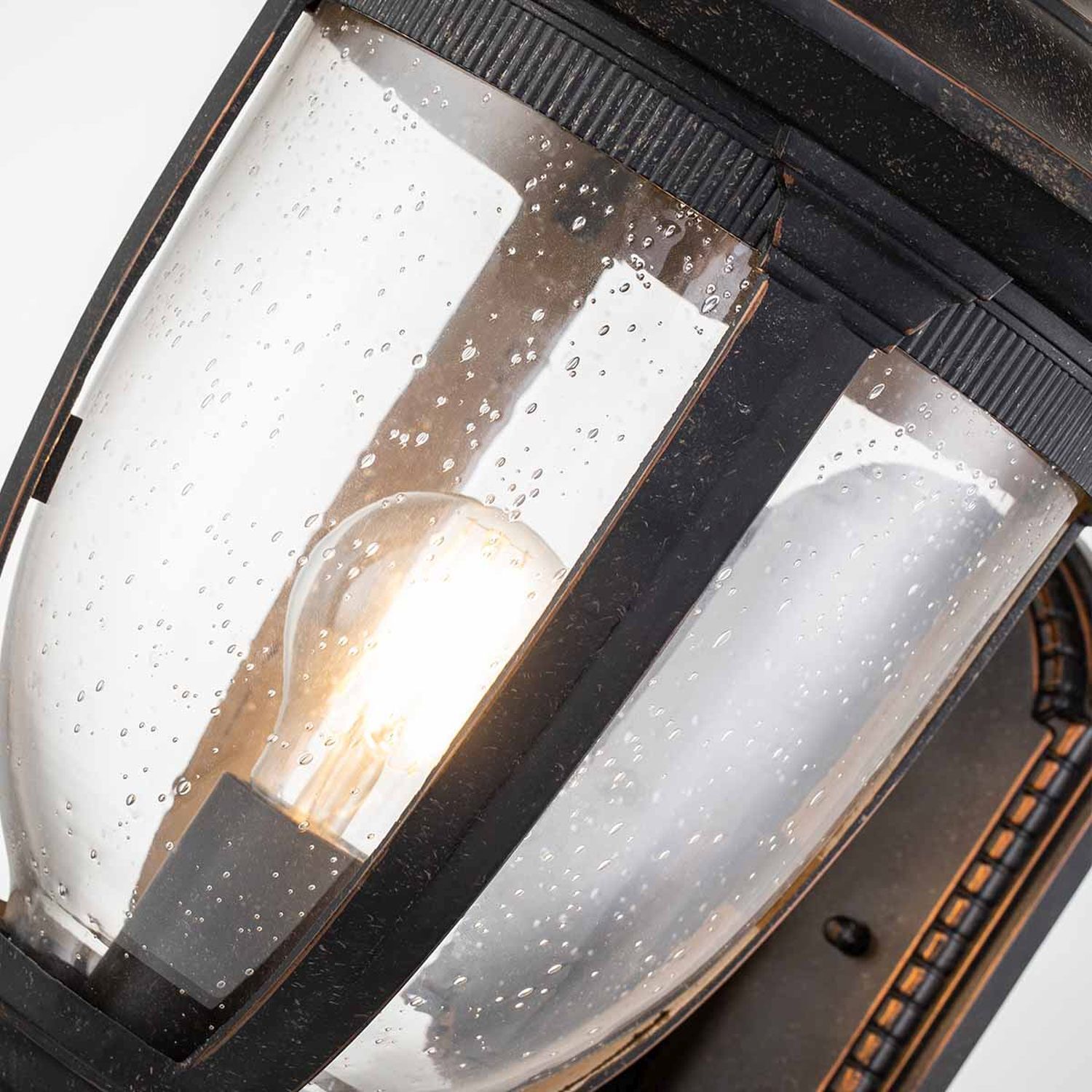 Außenwandleuchte Glas Aluminium IP44 H: 54,3 cm in Bronze Vorderglas, Glühbirne, Regen Tropfen, schwarzer Rahmen, Industrielaterne