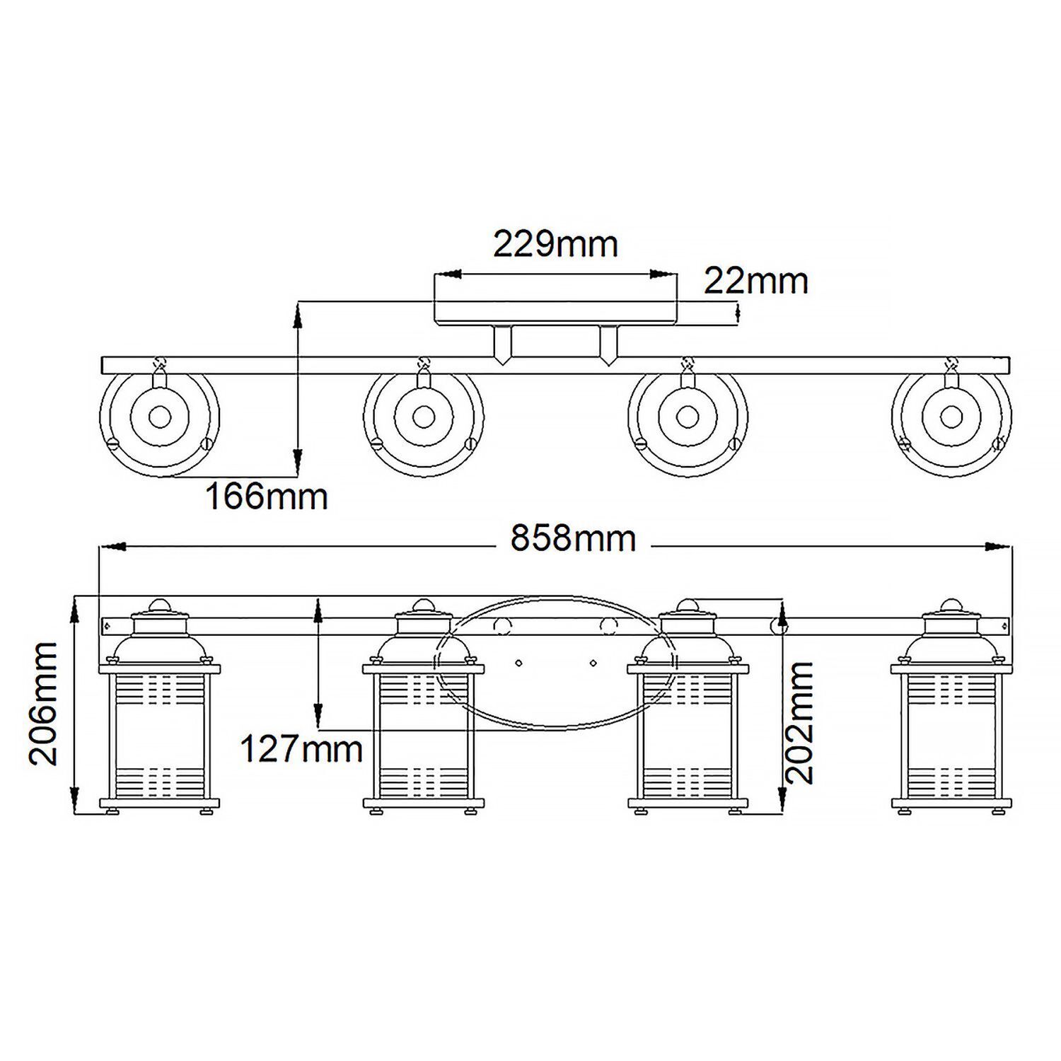Badleuchte Wand 85,8 cm lang in Messing IP44 4x E27 Vintage CAD-Diagramm, Diagramm