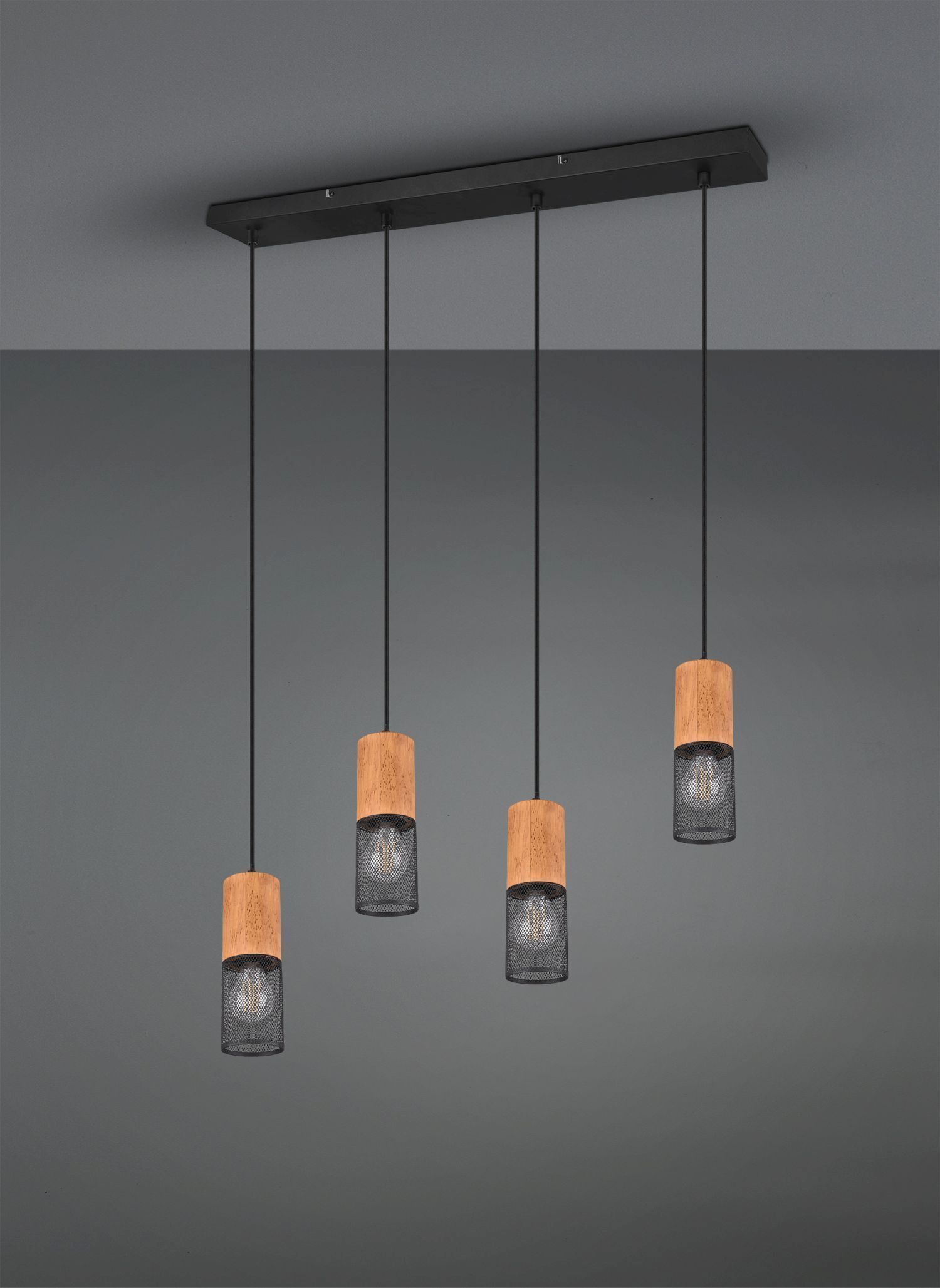 Wohnliche Pendelleuchte Holz Metall E27 65 cm 4-flammig Leuchter, Lampe, Deckenleuchte