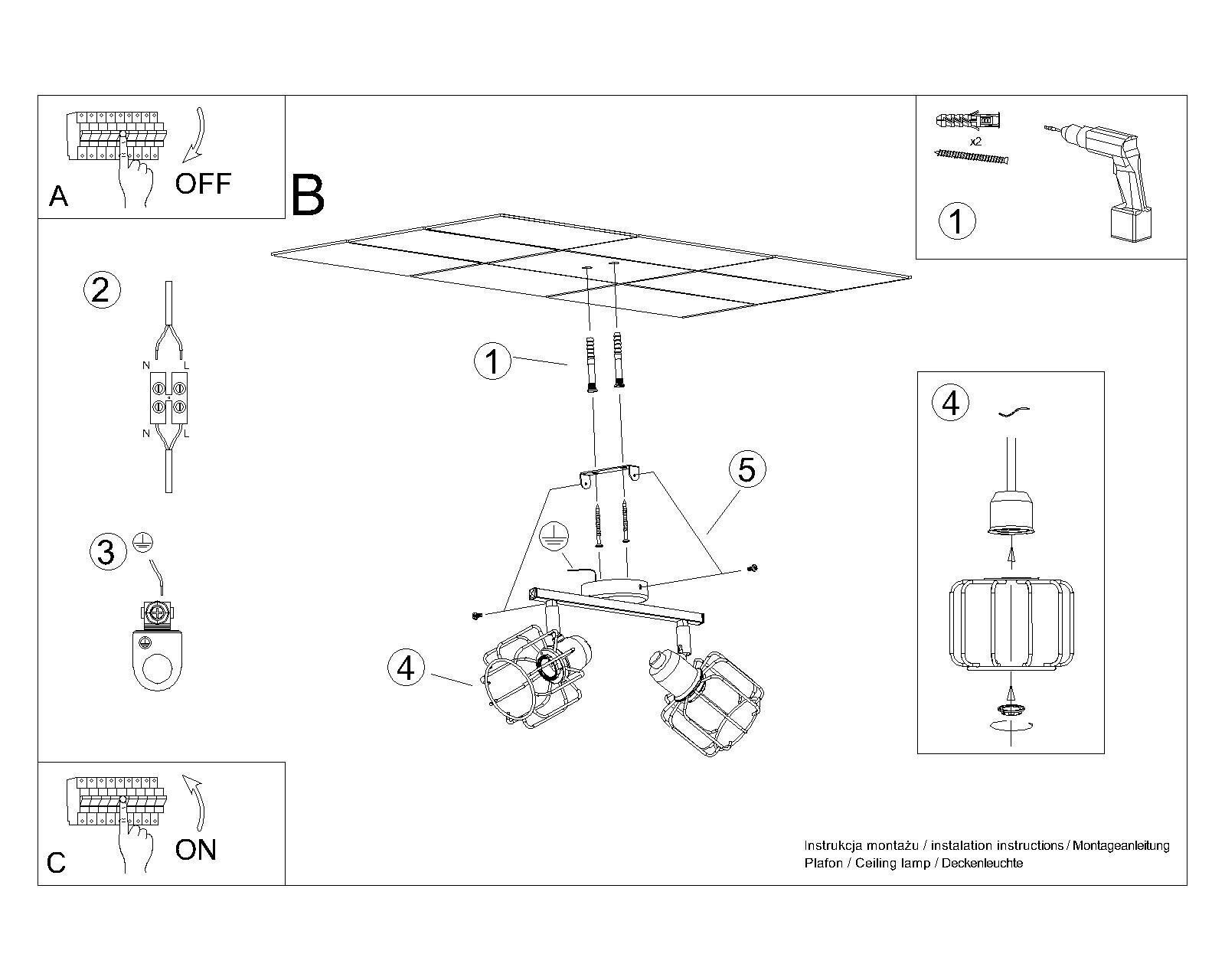 Deckenlampe Weiß Metall 2-flammig B: 27 cm Retro CAD-Diagramm, Diagramm