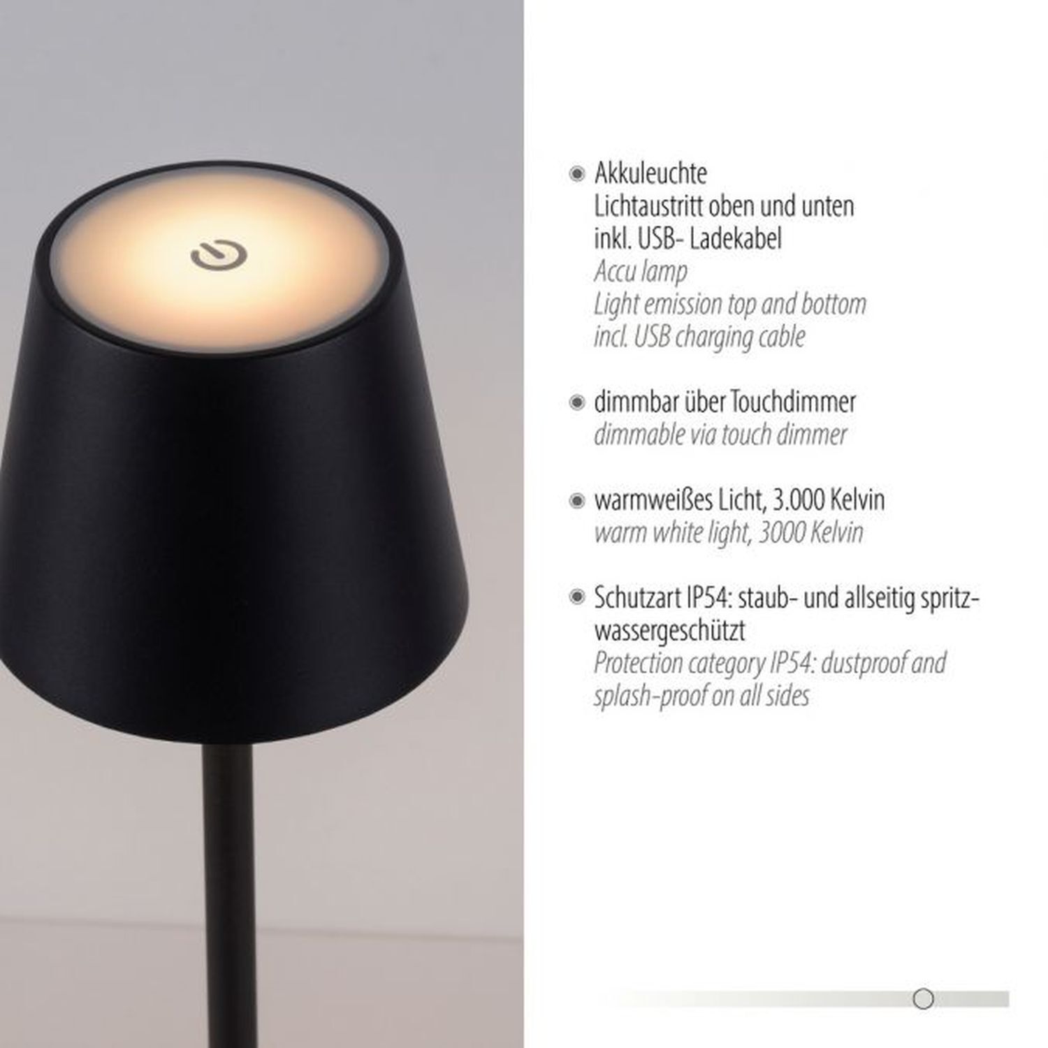 Lampe de table LED rechargeable Métal IP54 Touch Variation 320 lm
