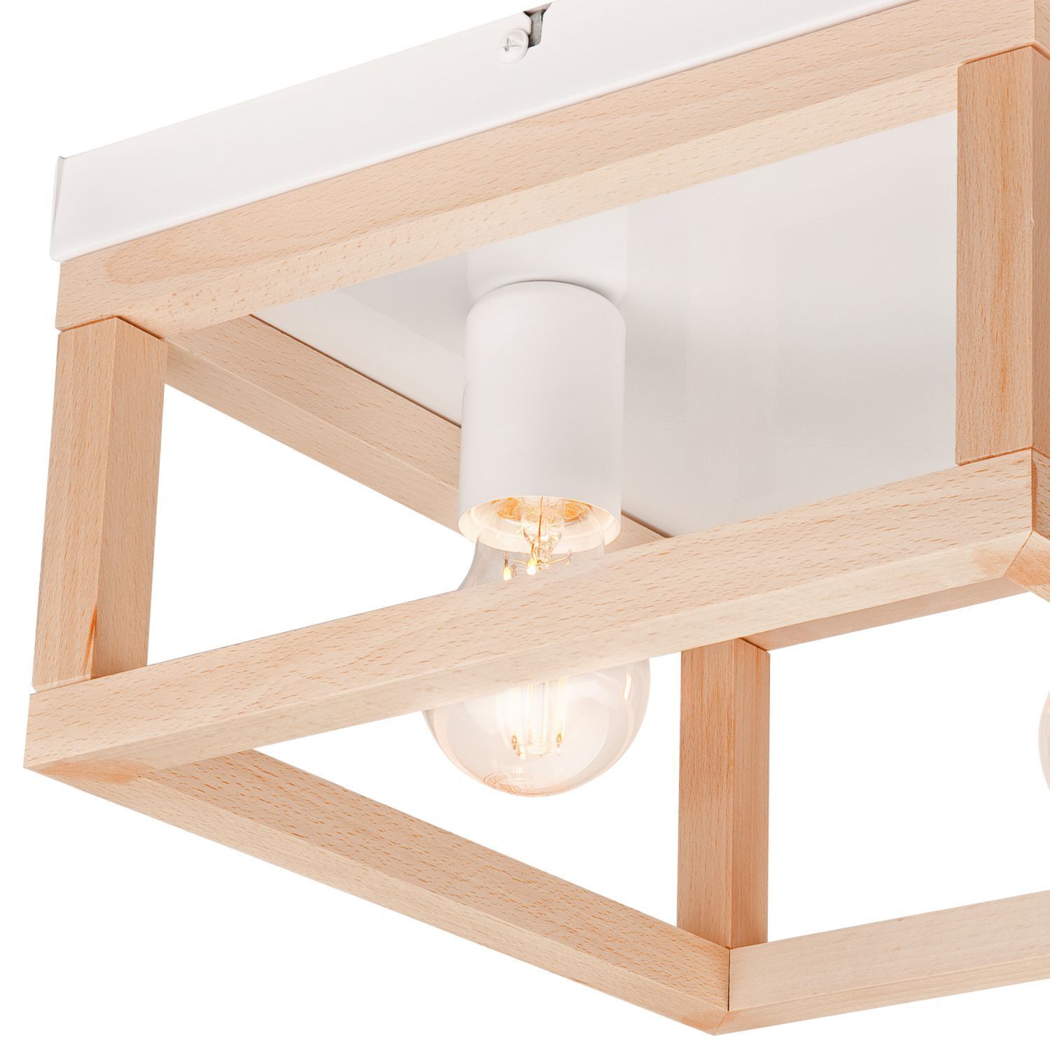 Deckenleuchte Holz Metall B: 30 cm eckig Natur Weiß 2x E27