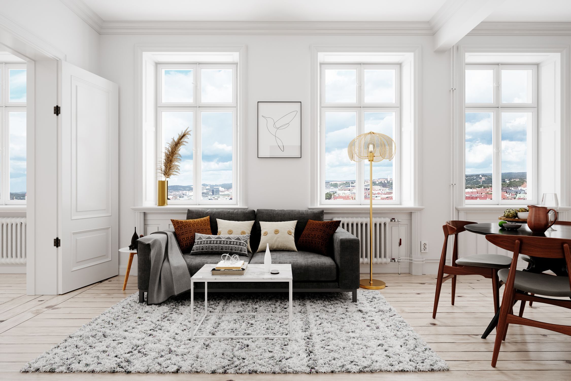 wohnzimmer, sofa, teppich, tisch, lampen