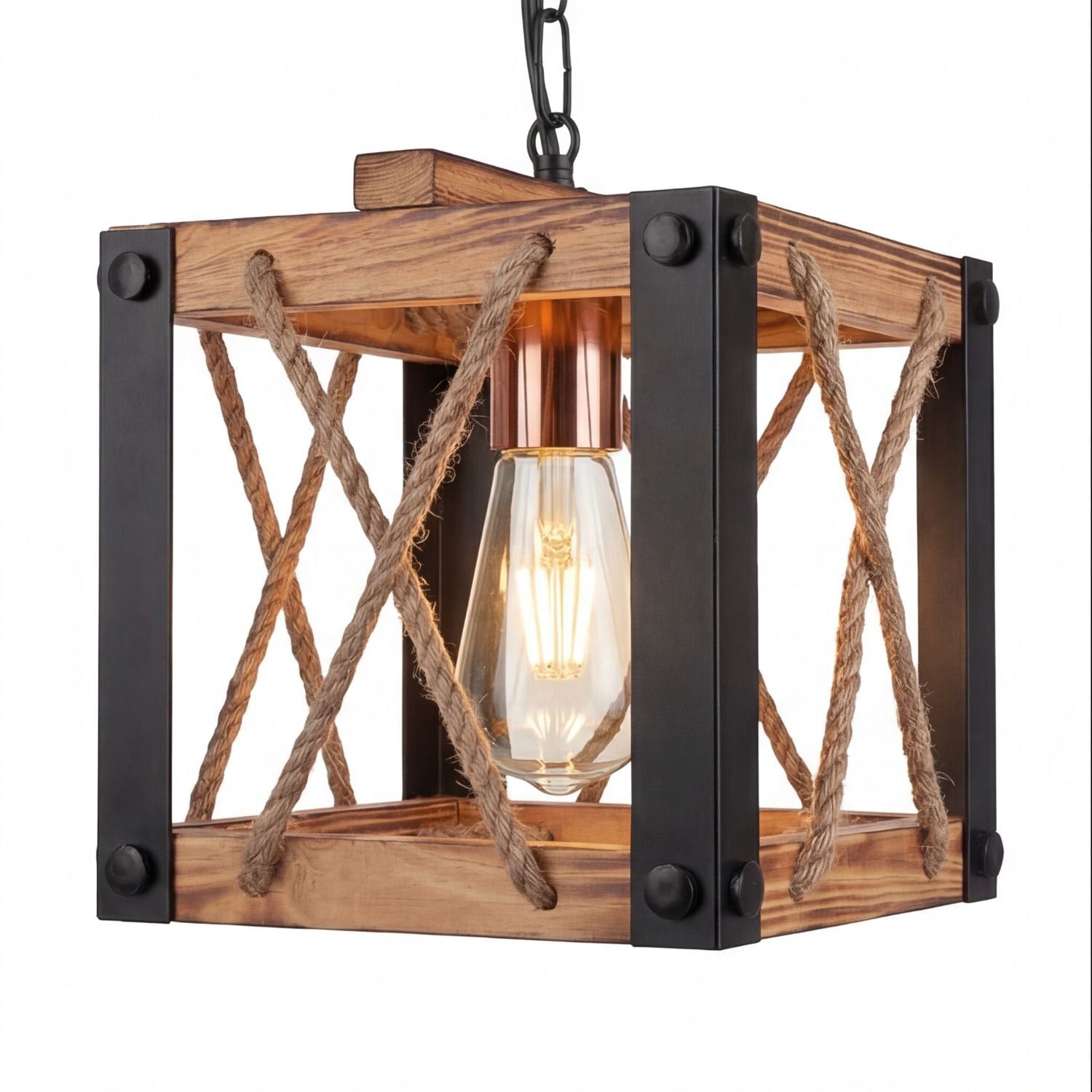 Hängeleuchte Metall Holz E27 20 cm breit H: max. 85 cm Hängeleuchte, Rustikale Lampe, Kettenlampe, Holzmetall, Edison-Bulb