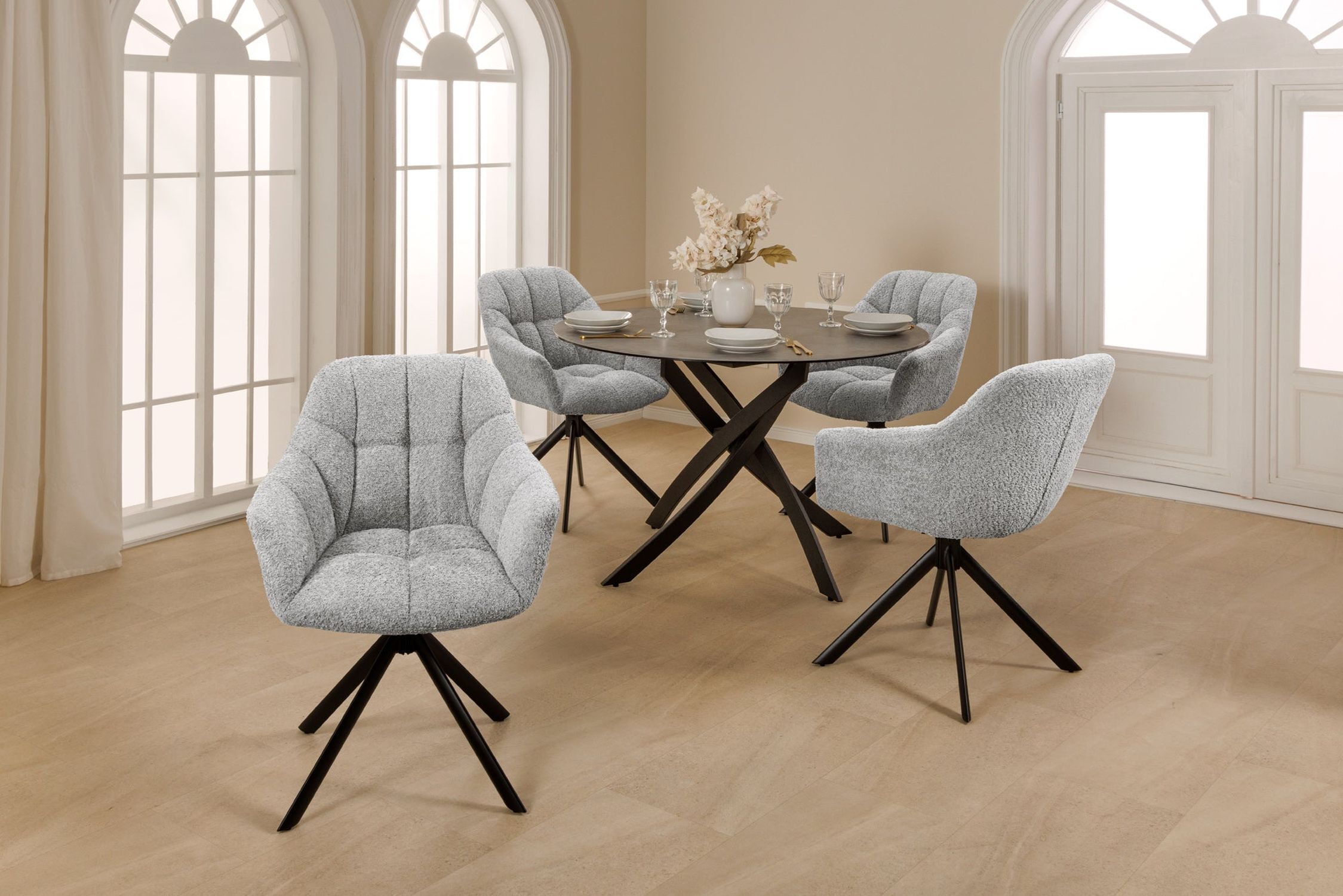 Bürostuhl ohne Rollen Grau Schwarz Bouclé Metall Retro Moebel, Tabelle, Esstisch, Esszimmer, Tischplatte