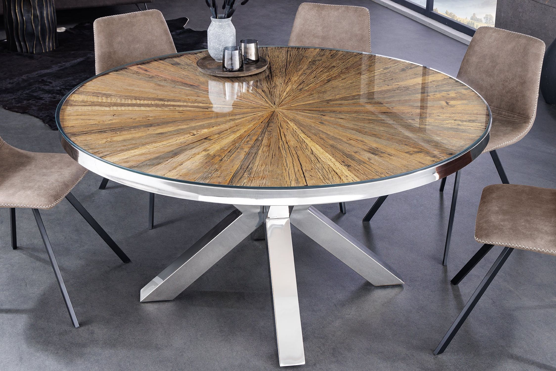 Table de salle à manger teck verre dur acier inoxydable brun chrome 120x120 cm