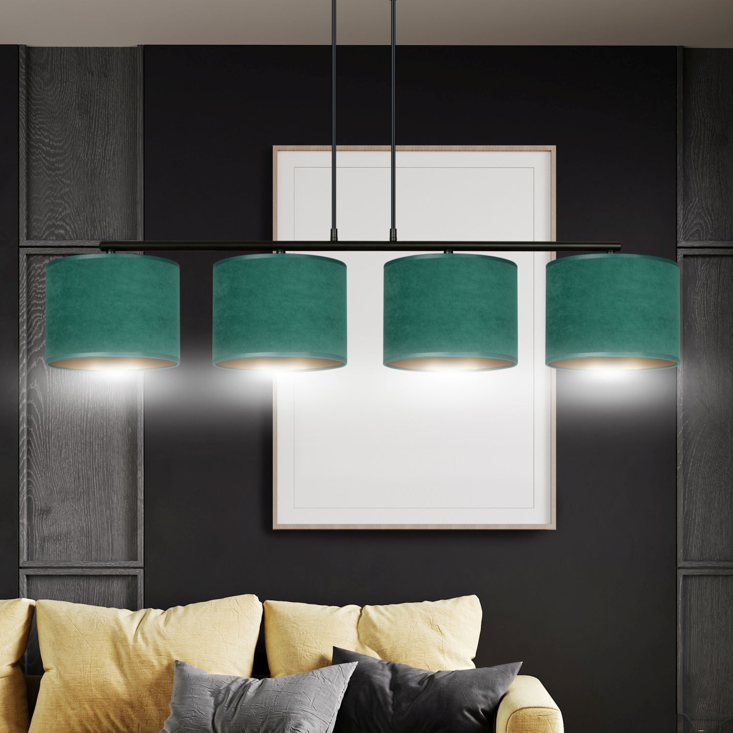 Lampe à suspendre 4 flammes 97 cm métal tissu noir vert or E27