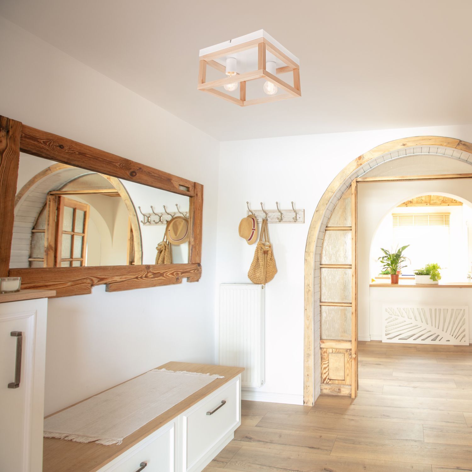 Deckenleuchte Holz Metall B: 30 cm eckig Natur Weiß 2x E27