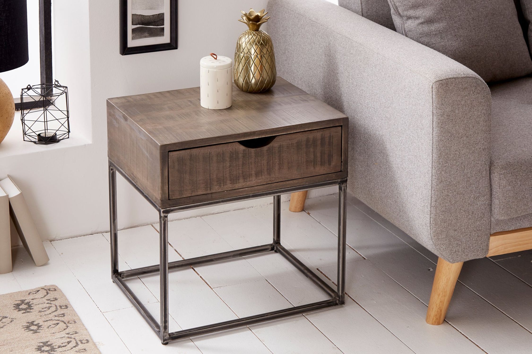 Table de nuit avec tiroir Bois d'acacia Métal Gris Noir
