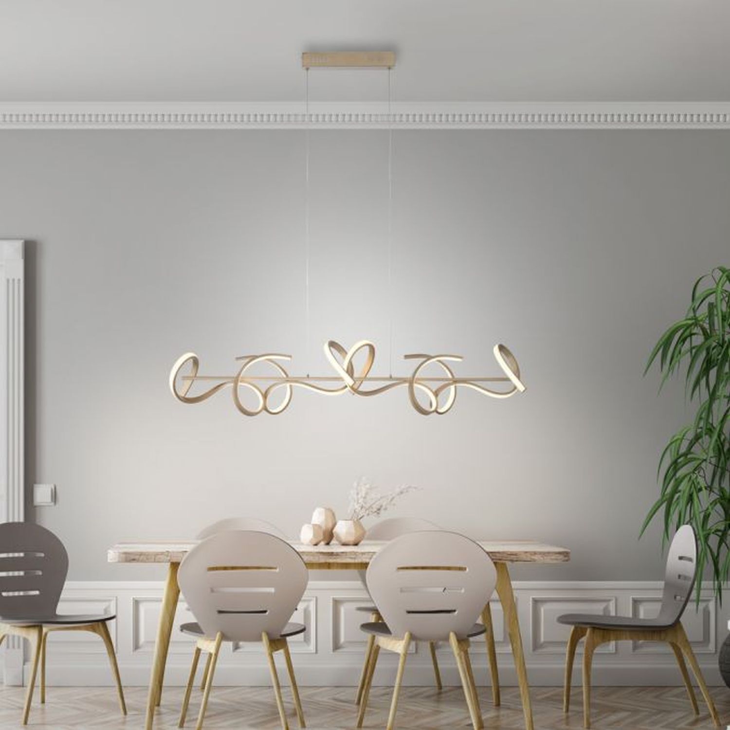 LED Pendelleuchte dimmbar 10 W 3000 K in Messing matt Speisesaal, Esstisch, Tisch, Innenarchitektur, Kronleuchter