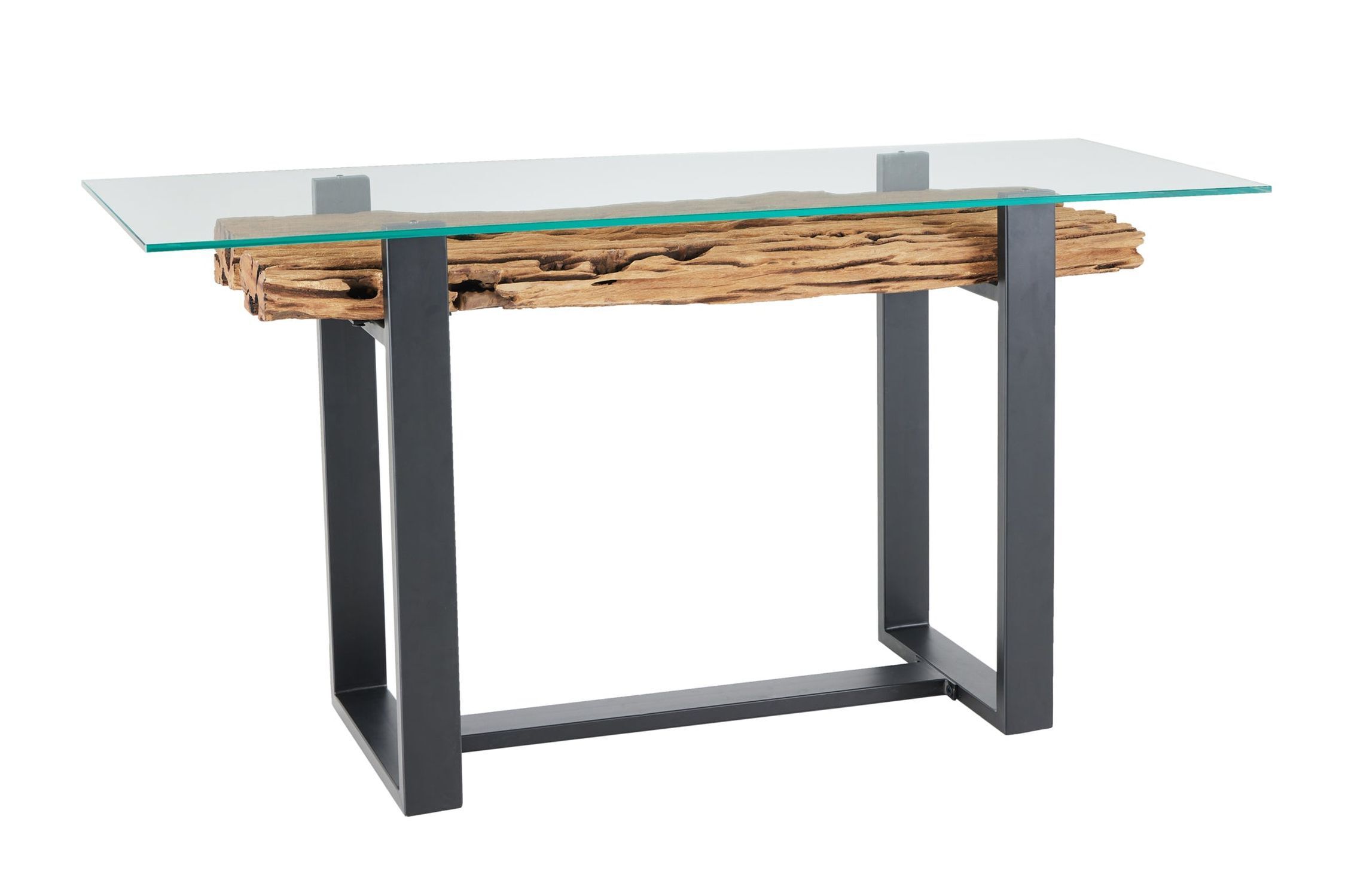 Table console teck recyclé verre trempé inox 150 cm