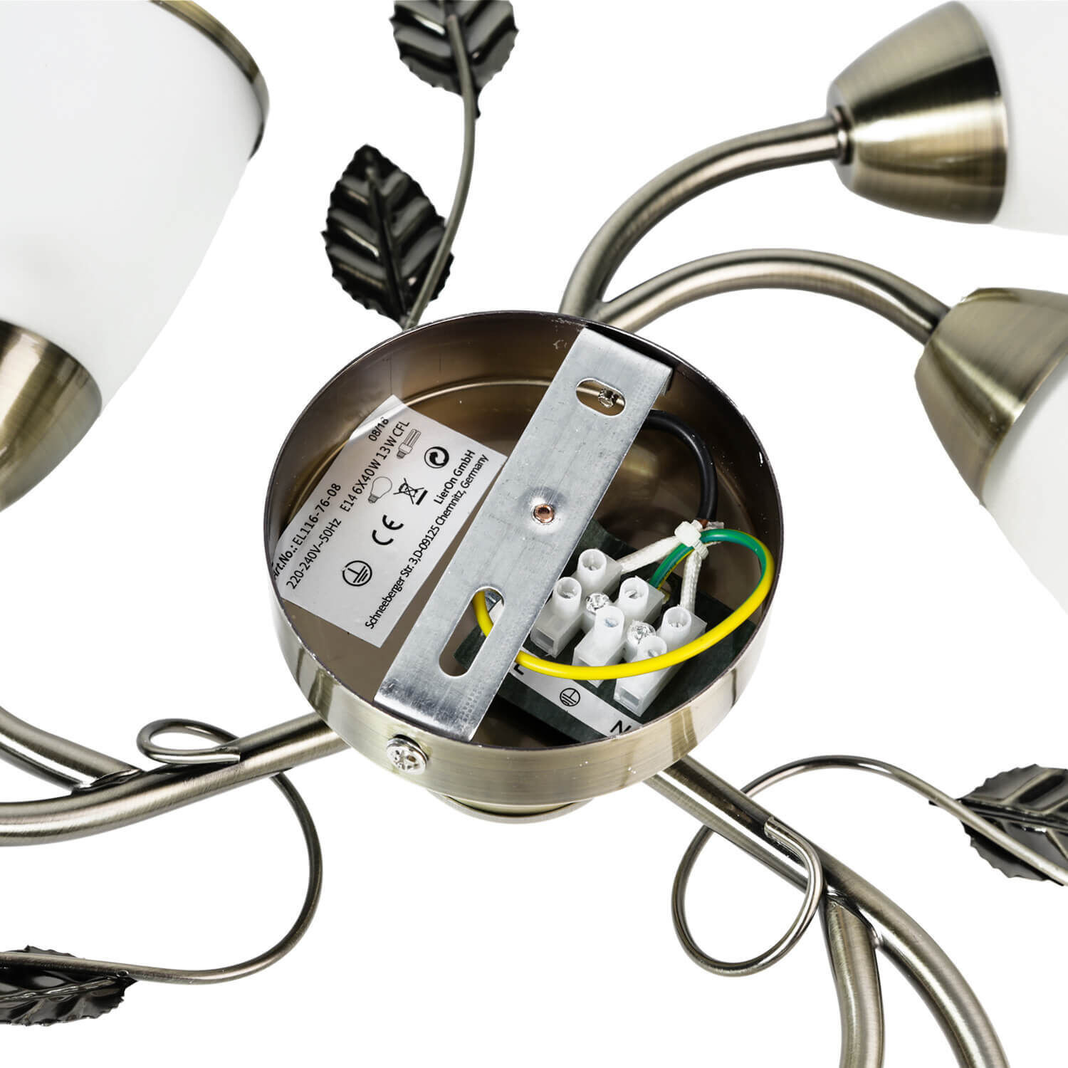 Florale Deckenlampe mit Glasschirm Weiß Bronze antik