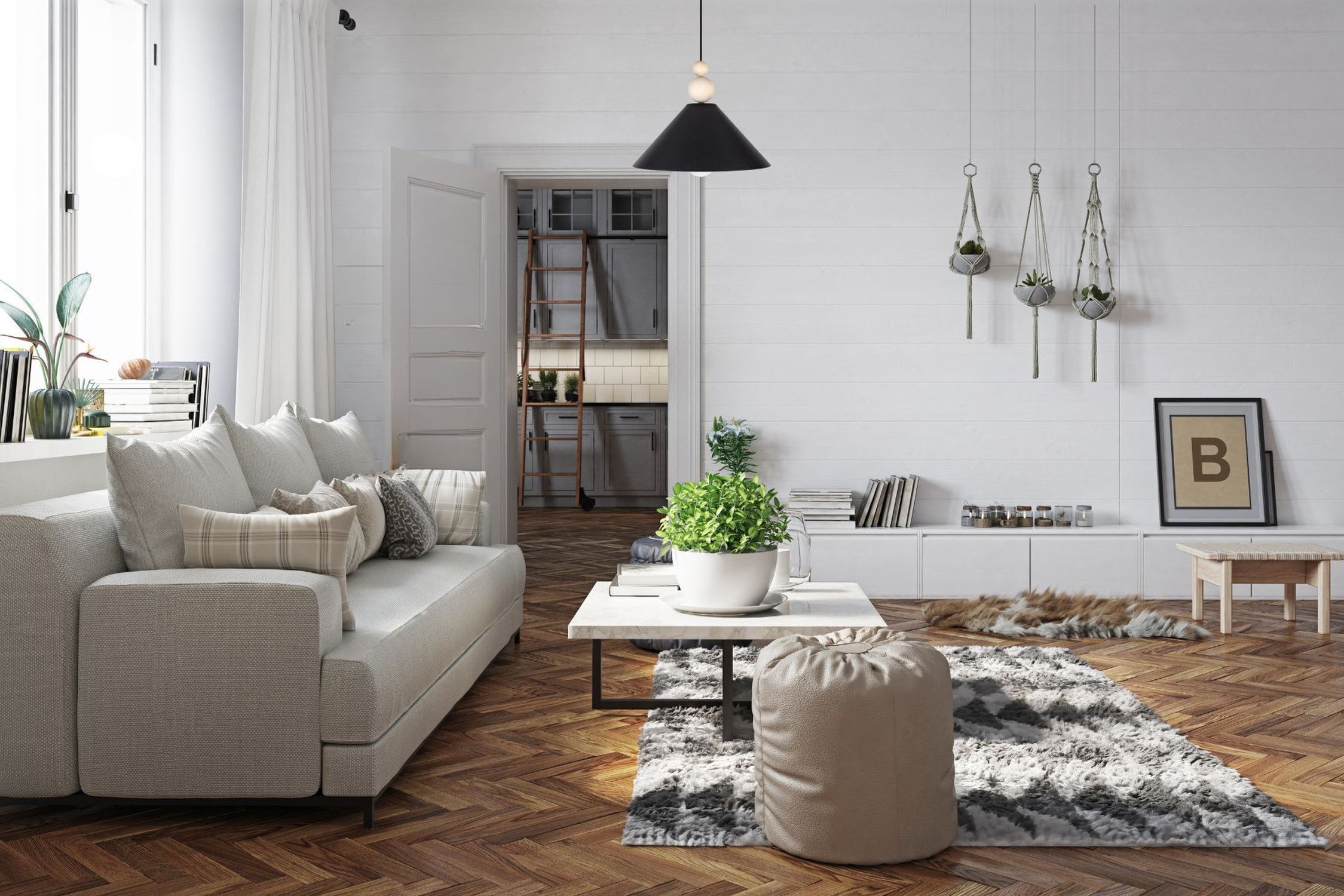 Schwarze Hängeleuchte Holz Metall Ø26 cm E27 gemütlich sofa, wohnzimmer, pflanze, teppich, beistelltisch