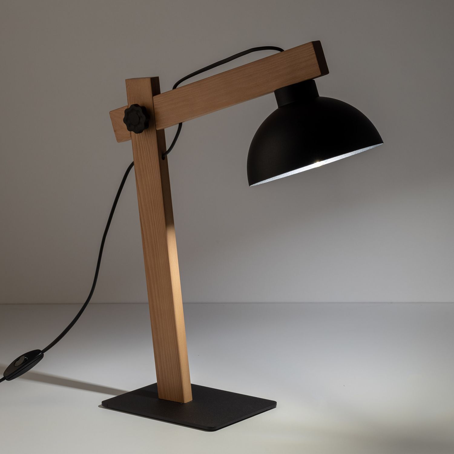 Tischlampe, Holz, Schwarz, Schirm, Kabeldraht