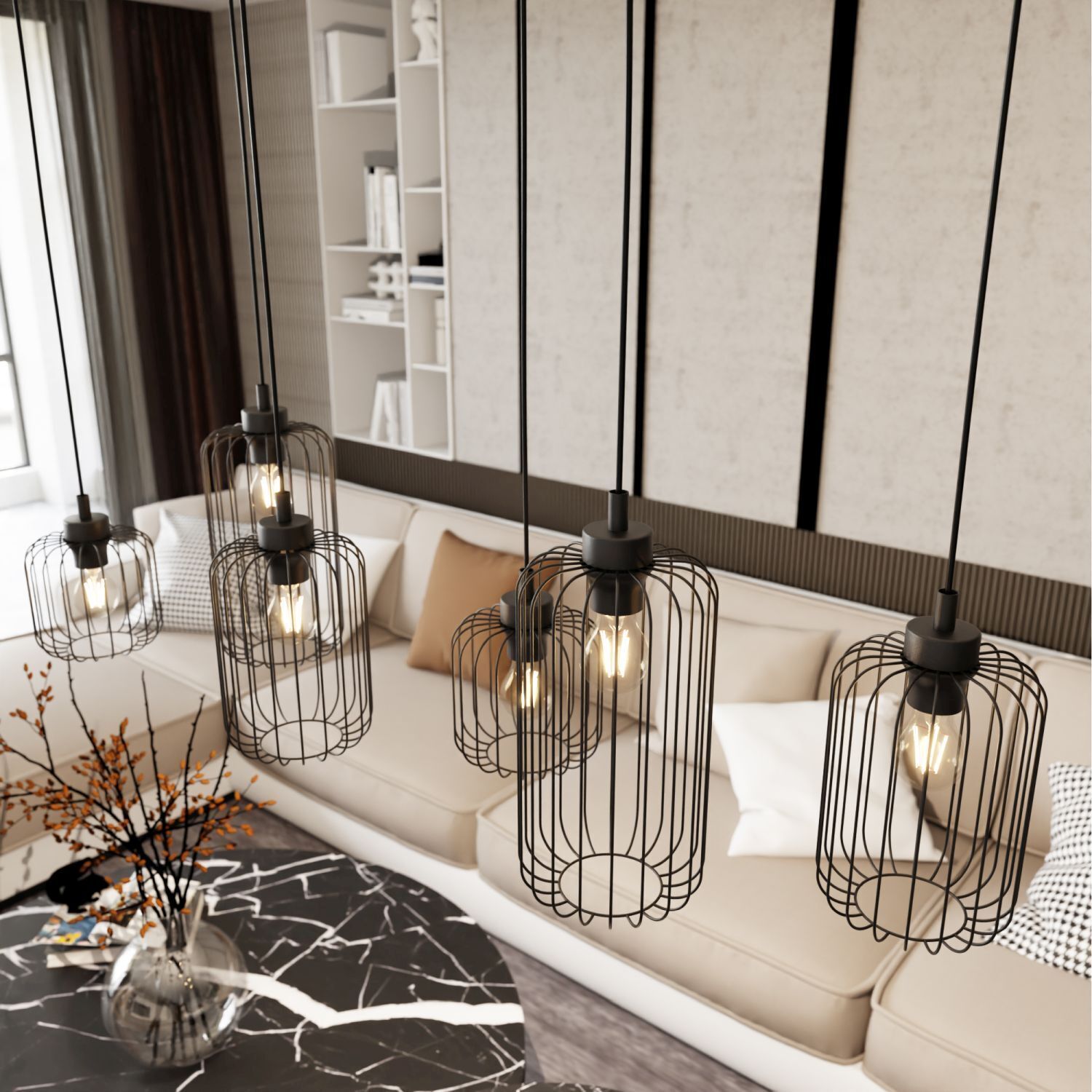 Metall Pendelleuchte Schwarz 115 cm 6-flammig dekorativ Dekoration für Zuhause, Lampe, Wohnzimmer, Zimmer, Innenarchitektur