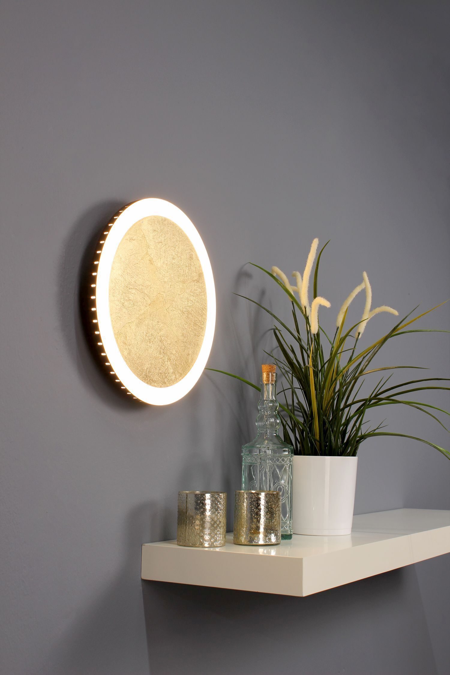 Wandspiegel, Runder Spiegel, LED-Spiegel, Wandregal, Pflanzen-Dekor